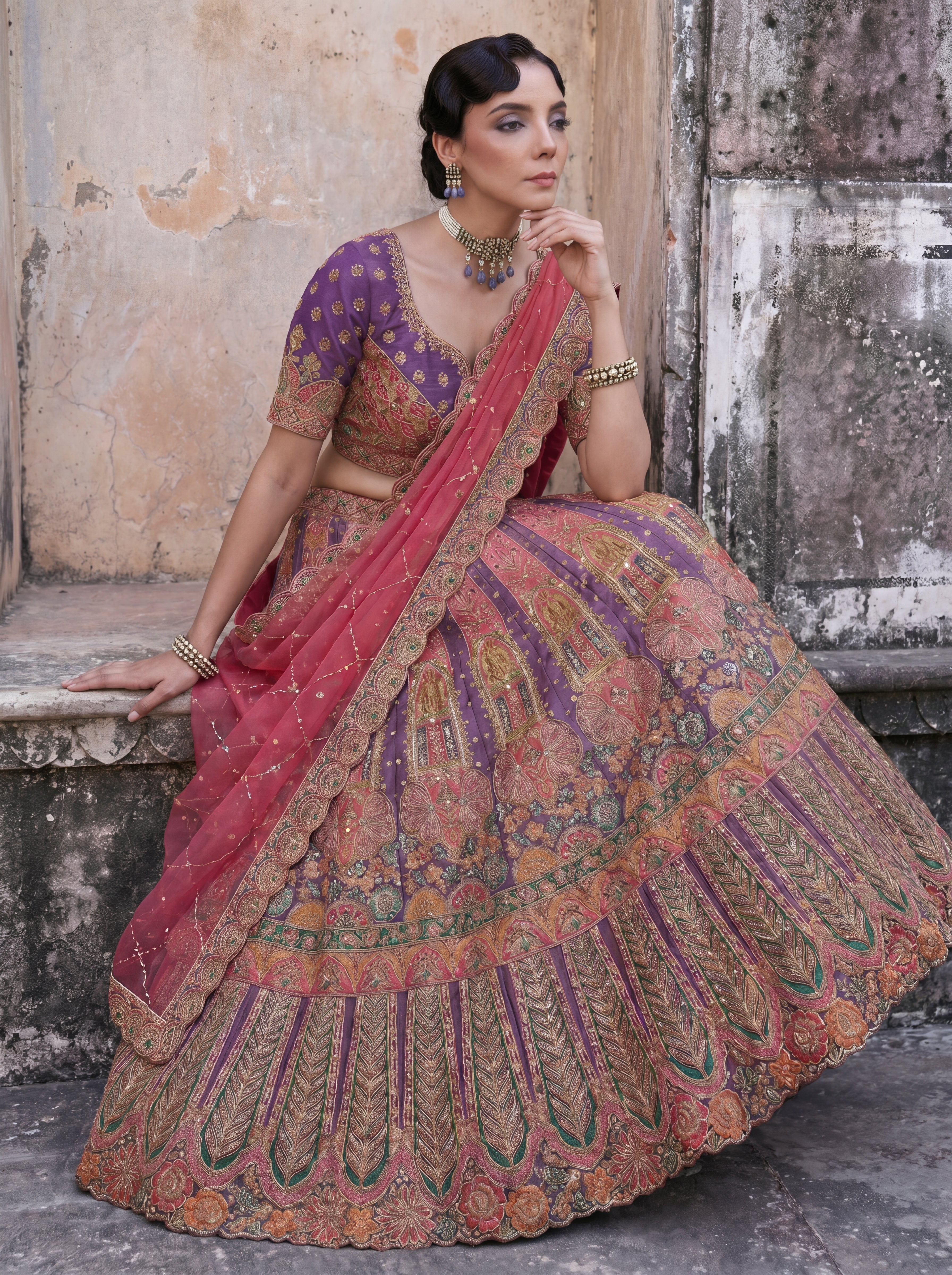 Royal Purple Viscose Sequins Embroidered Bridal Lehenga Choli