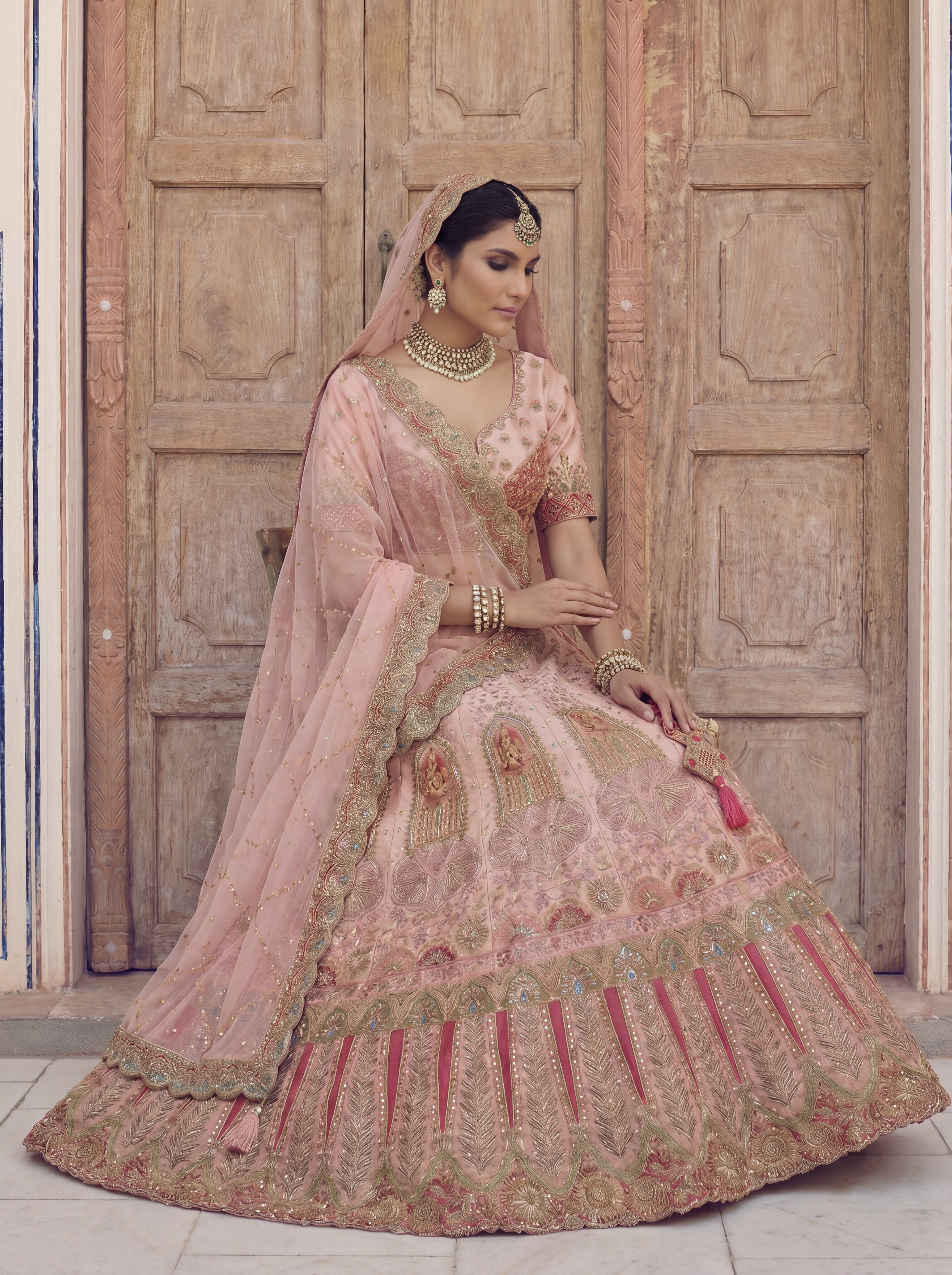 Blush Pink Viscose Sequins Embroidered Bridal Lehenga Choli Set