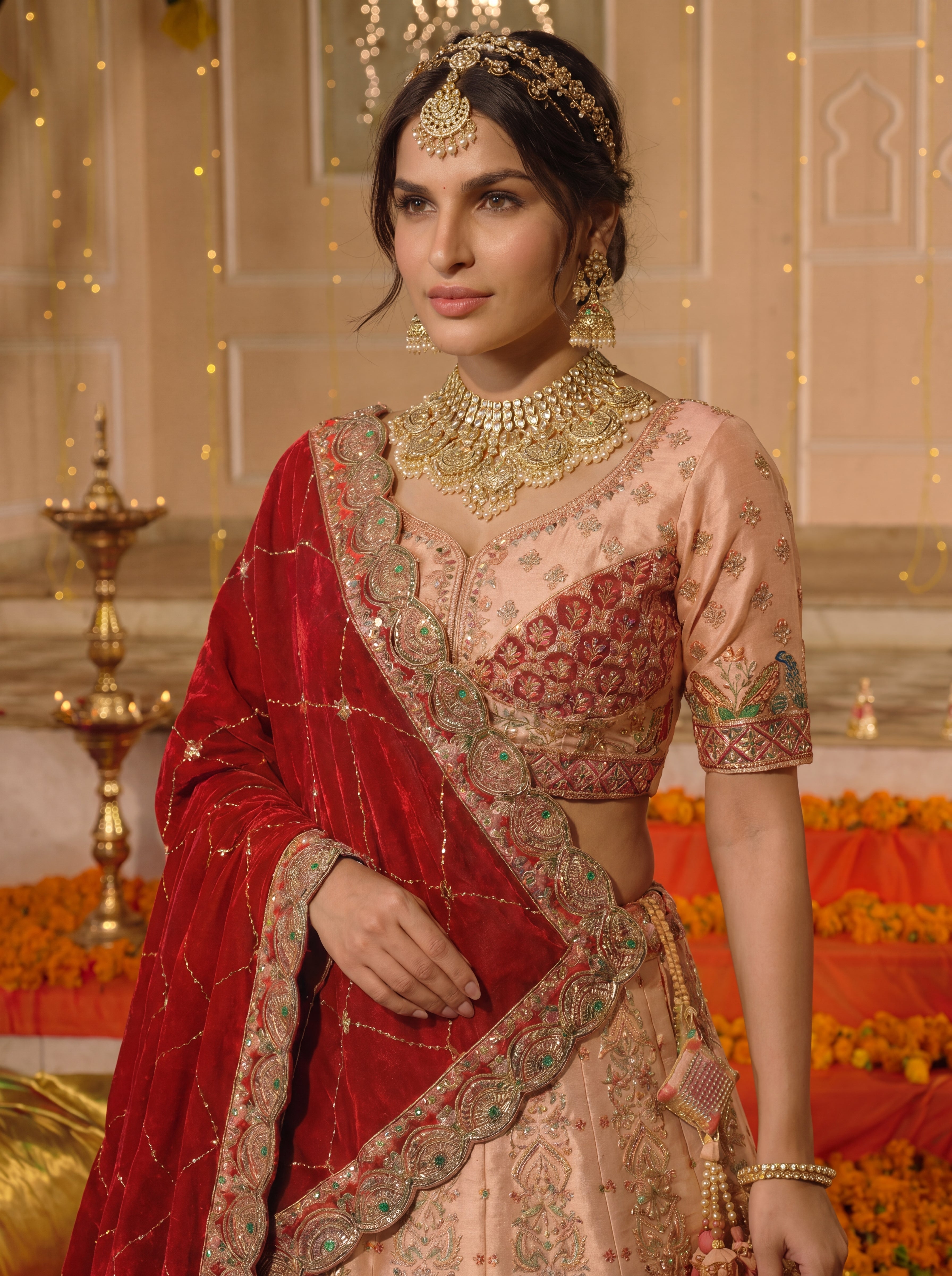 Peach Viscose Embroidered Sequins Bridal Lehenga Choli Set