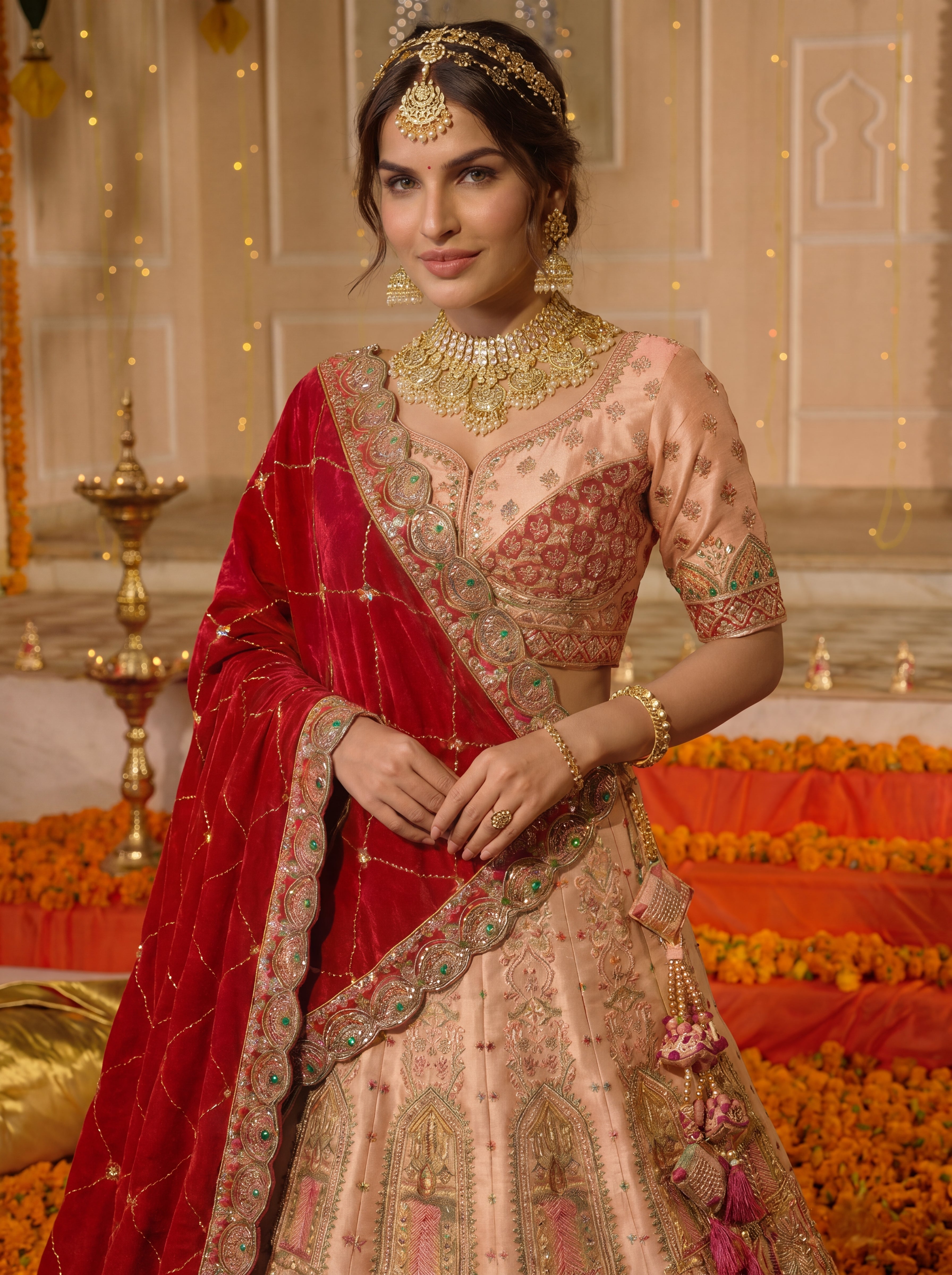 Peach Viscose Embroidered Sequins Bridal Lehenga Choli Set