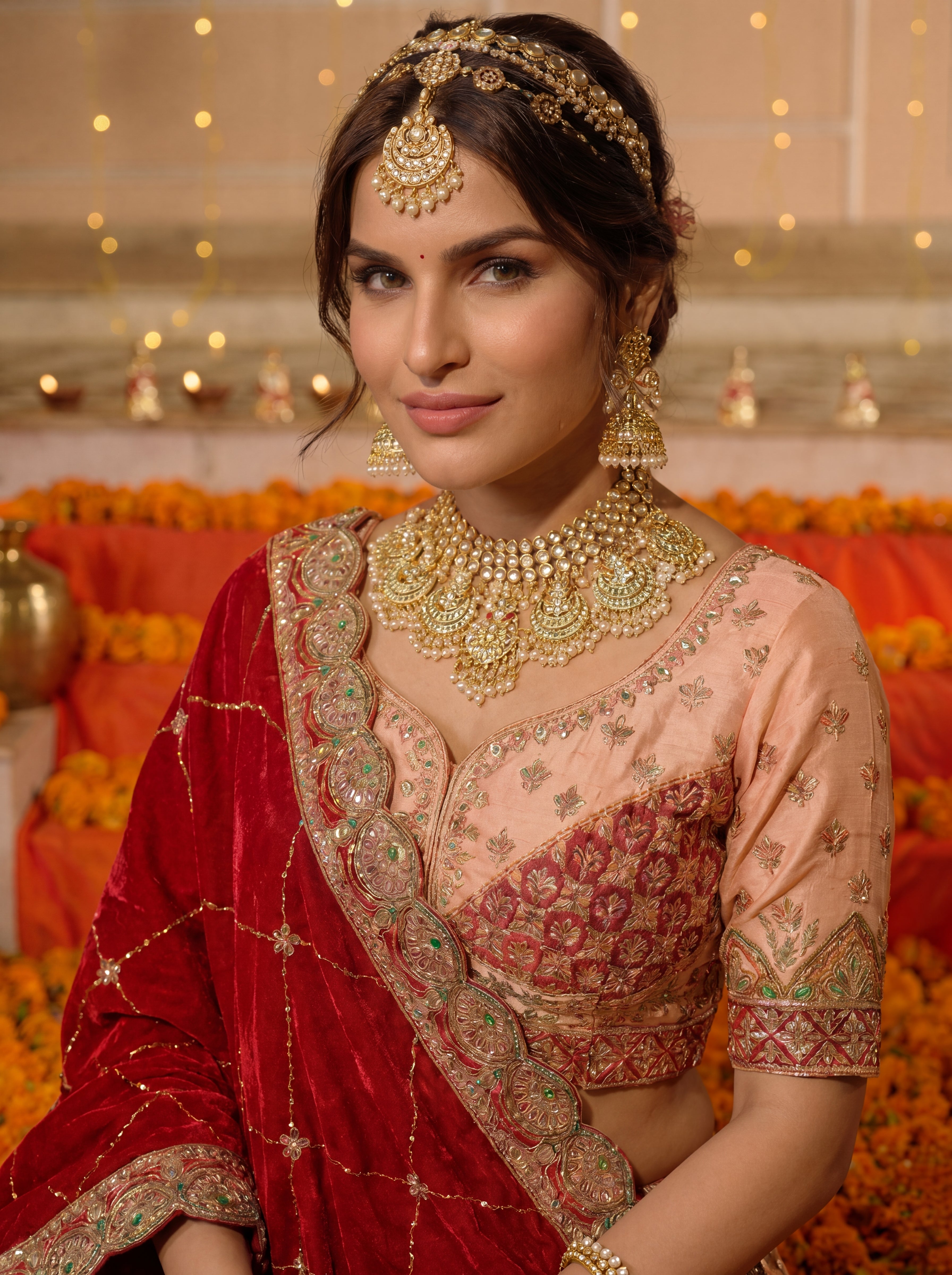 Peach Viscose Embroidered Sequins Bridal Lehenga Choli Set