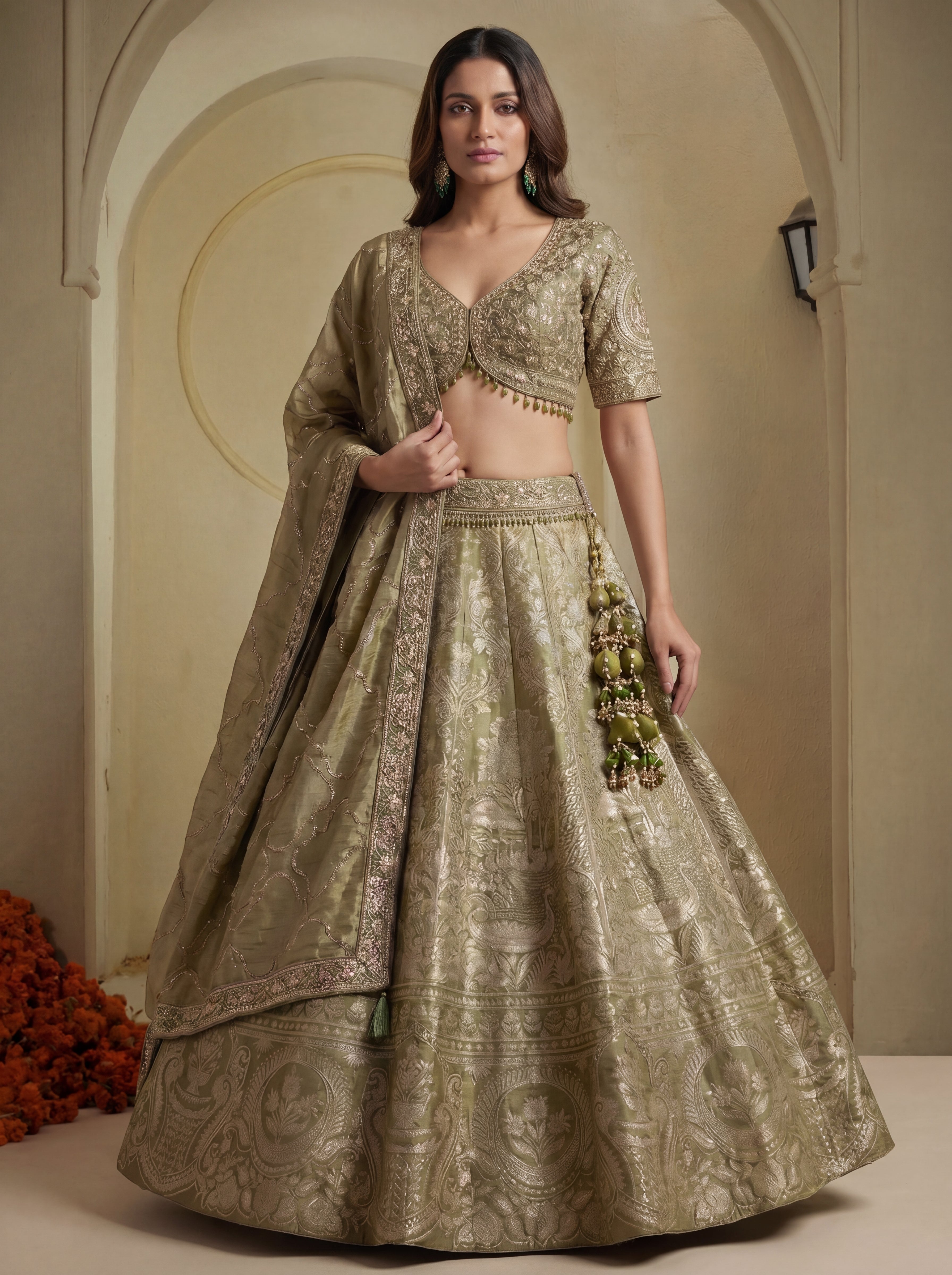 Olive Green Viscose Jacquard Weaving Bridal Lehenga Choli Set