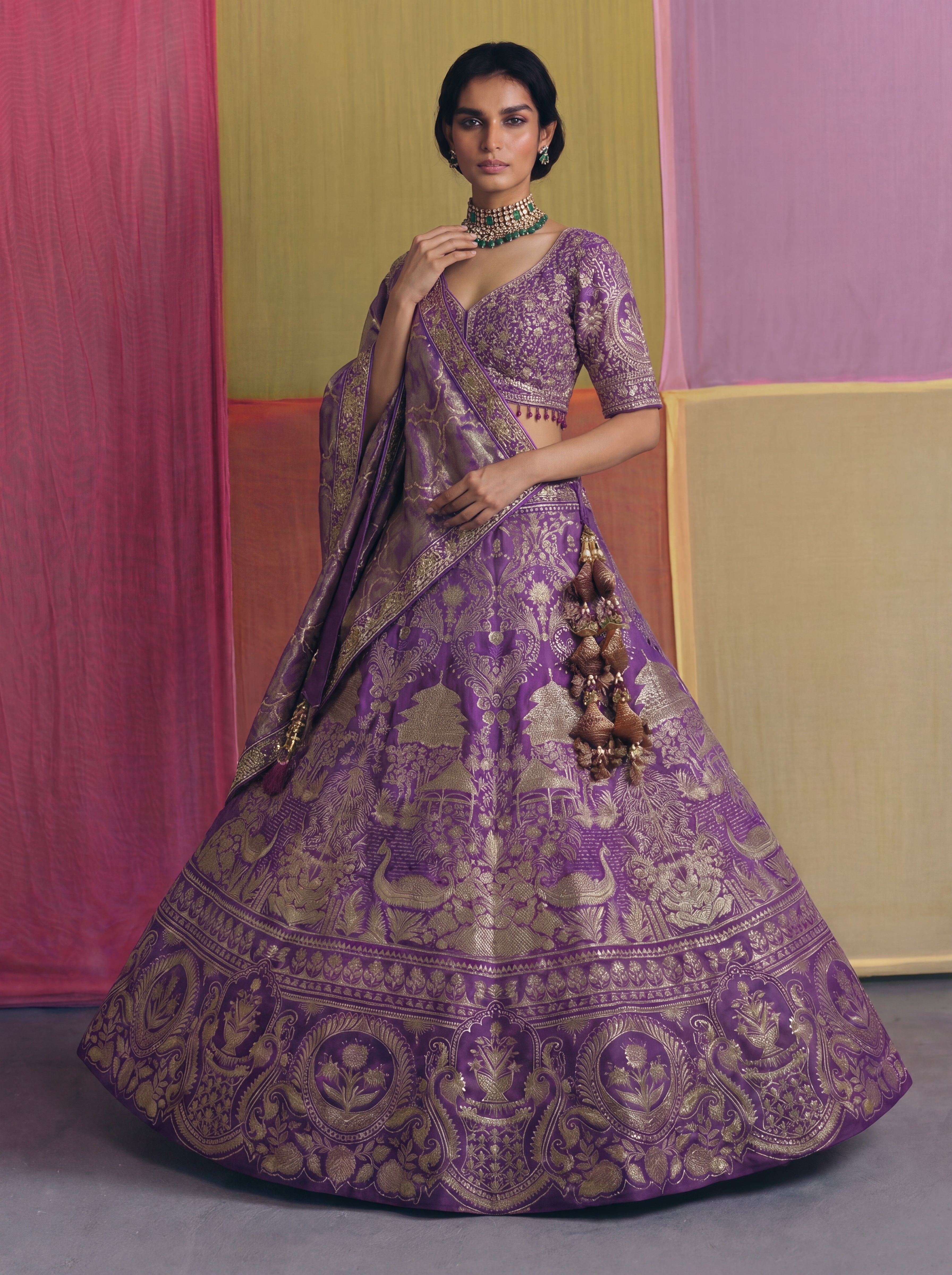 Purple Viscose Jacquard Weaving Bridal Lehenga Choli Set