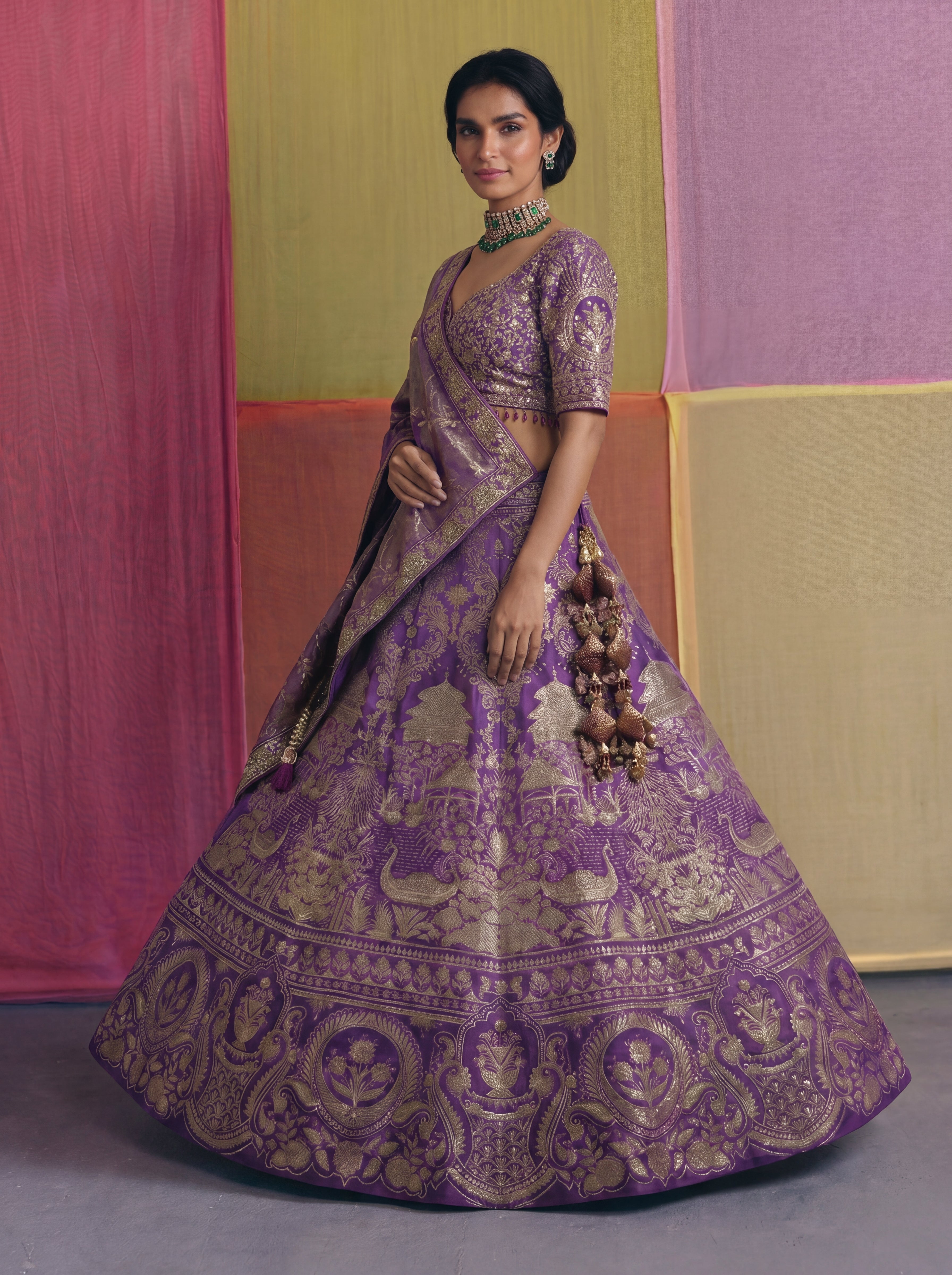 Purple Viscose Jacquard Weaving Bridal Lehenga Choli Set