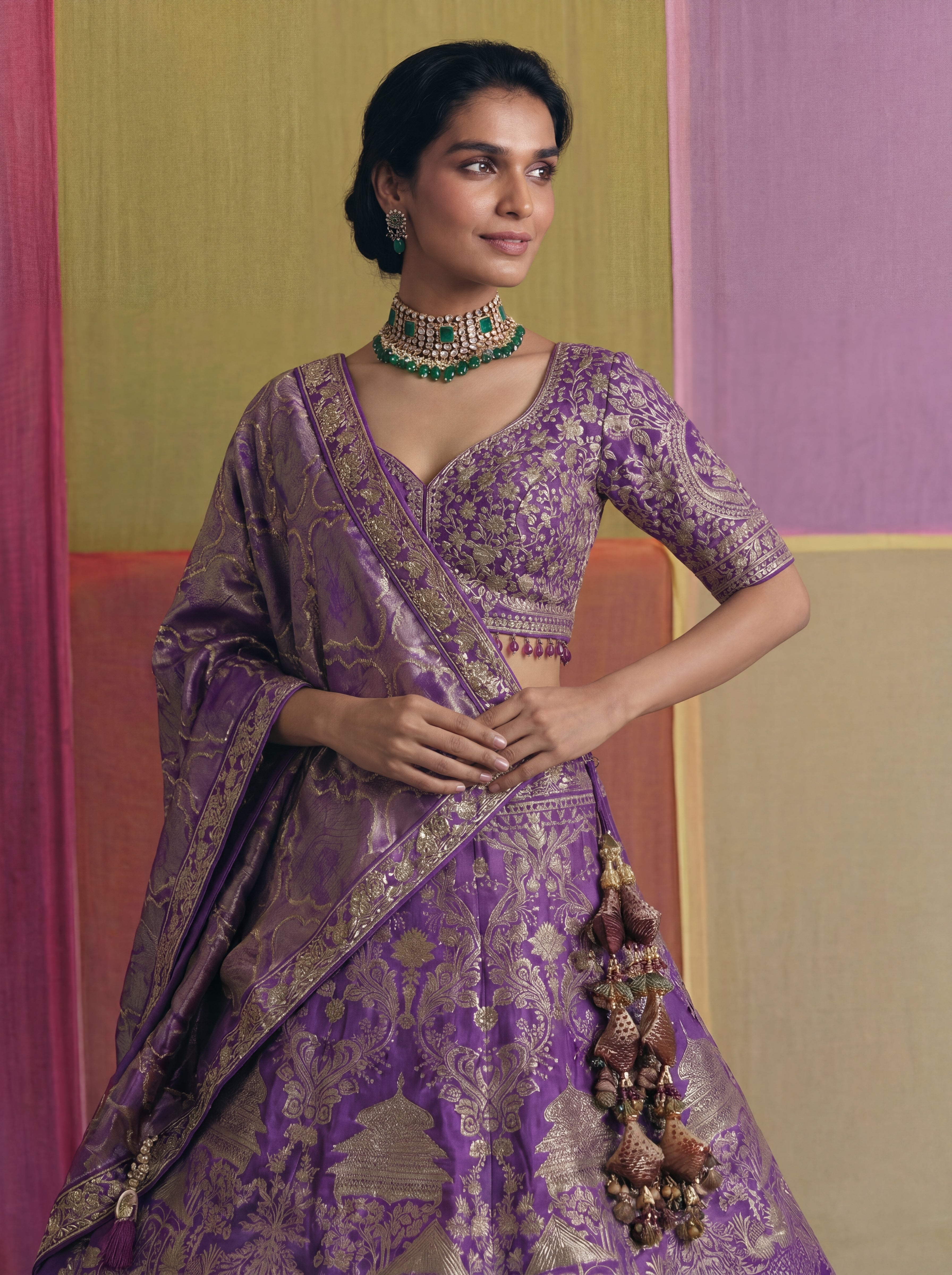 Purple Viscose Jacquard Weaving Bridal Lehenga Choli Set