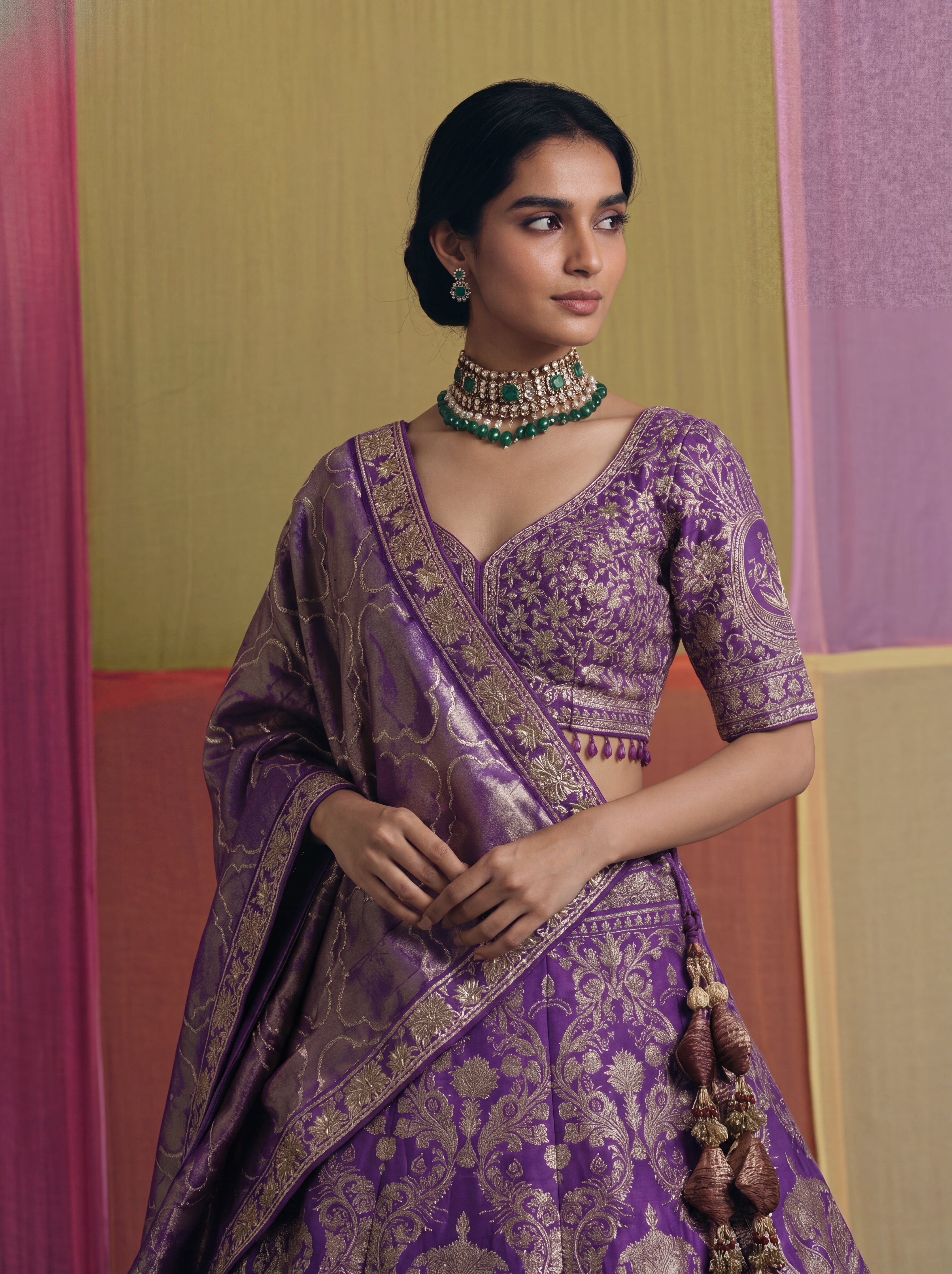 Purple Viscose Jacquard Weaving Bridal Lehenga Choli Set