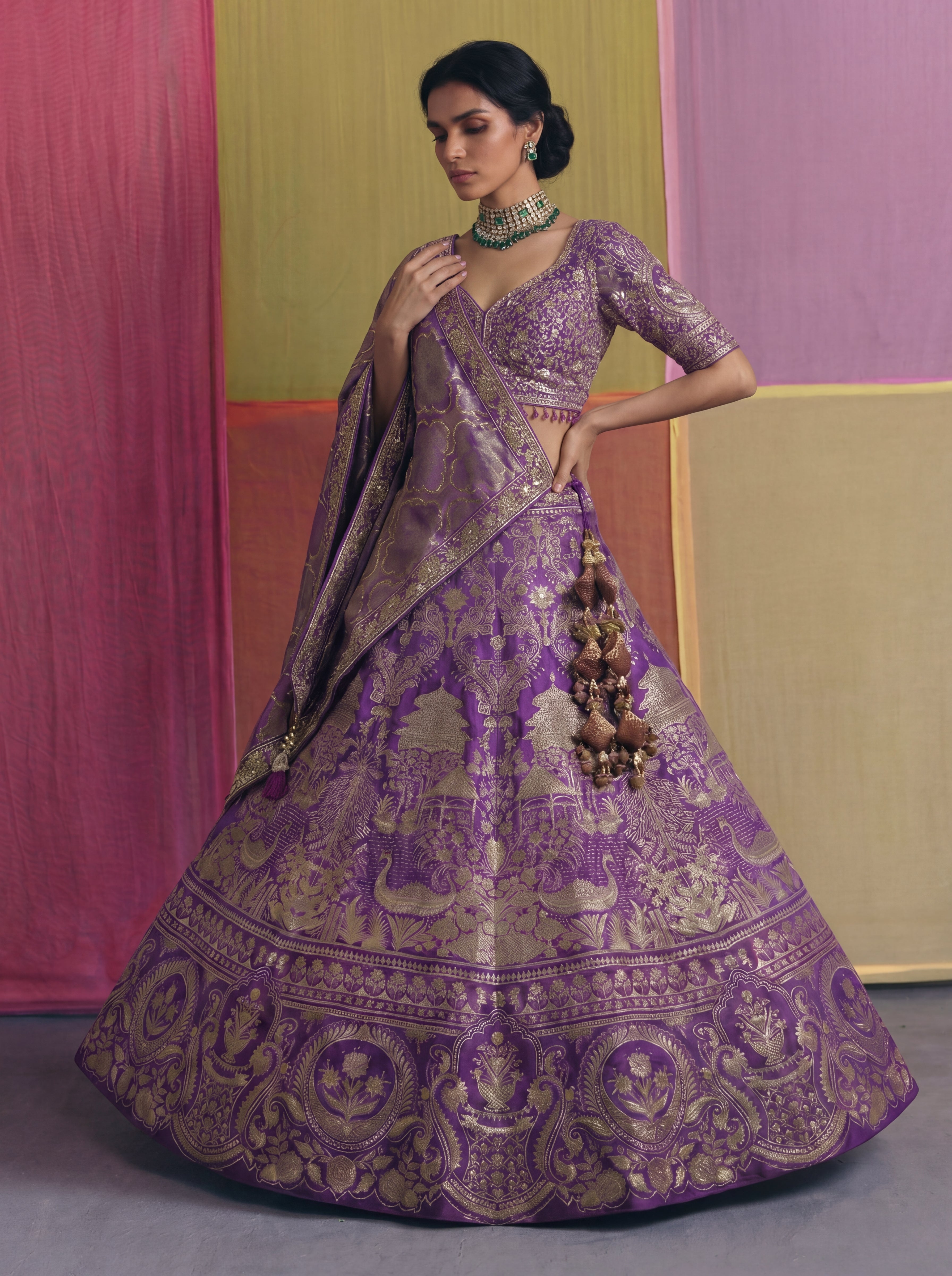 Purple Viscose Jacquard Weaving Bridal Lehenga Choli Set