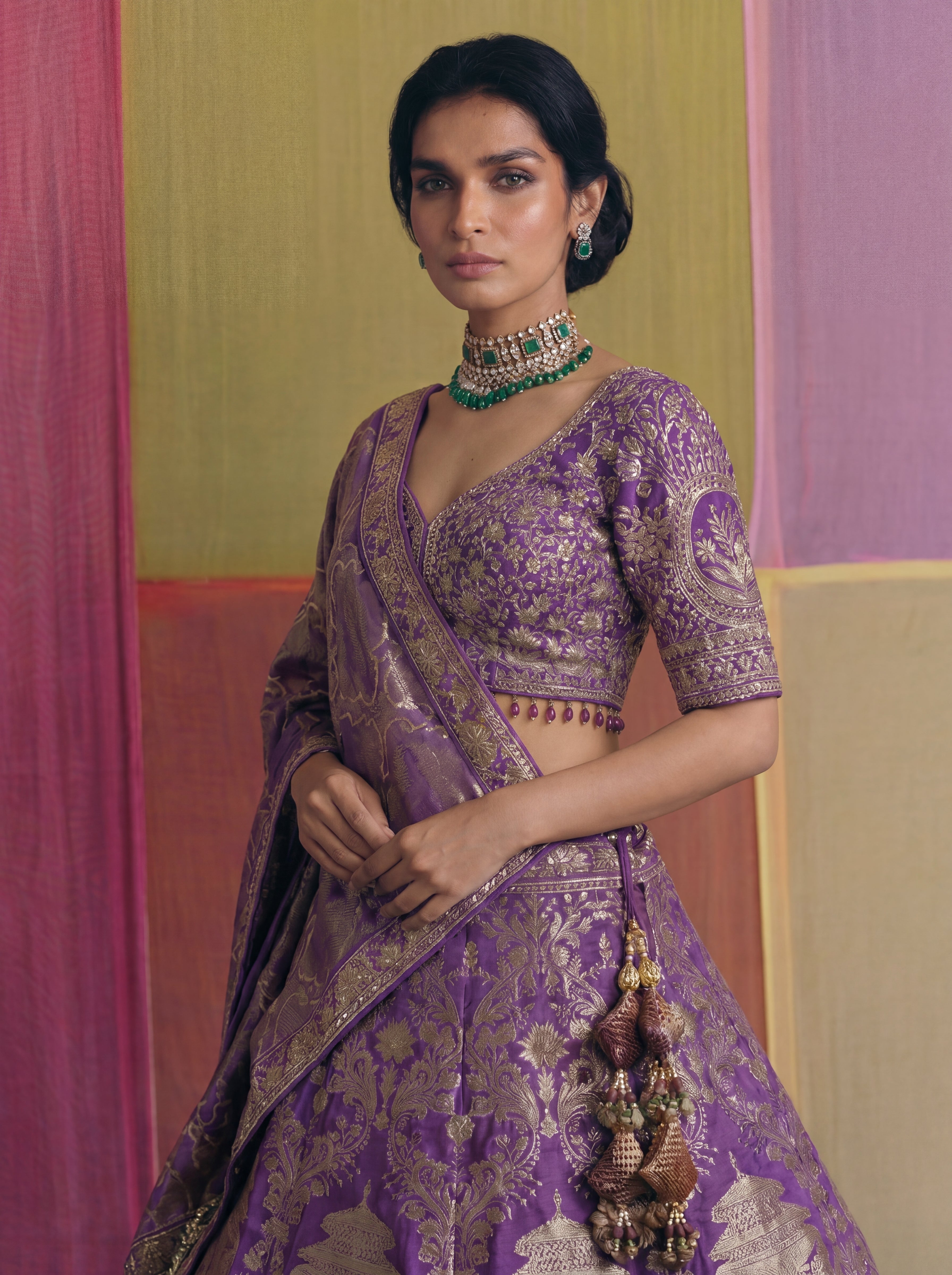Purple Viscose Jacquard Weaving Bridal Lehenga Choli Set