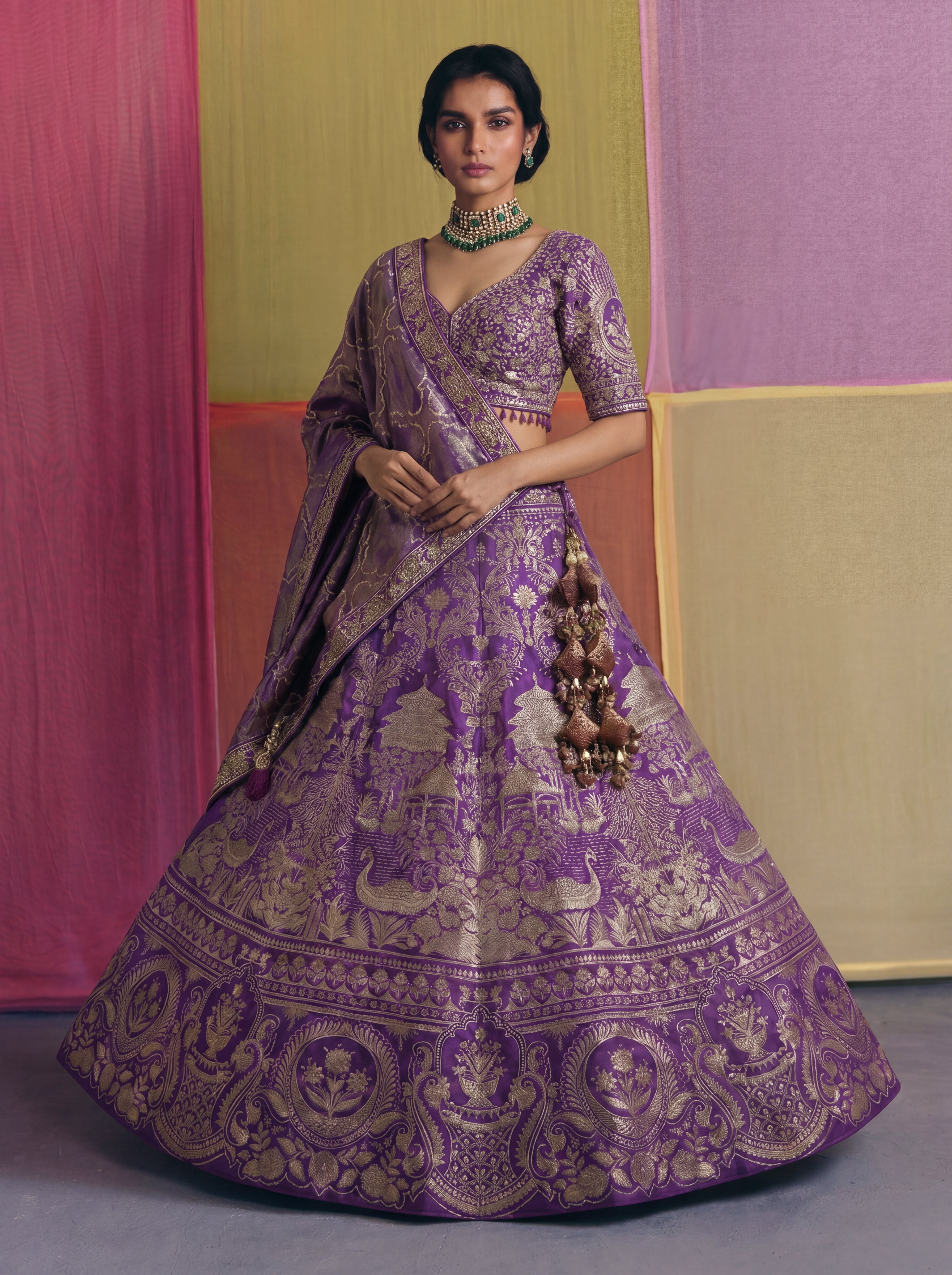 Purple Viscose Jacquard Weaving Bridal Lehenga Choli Set
