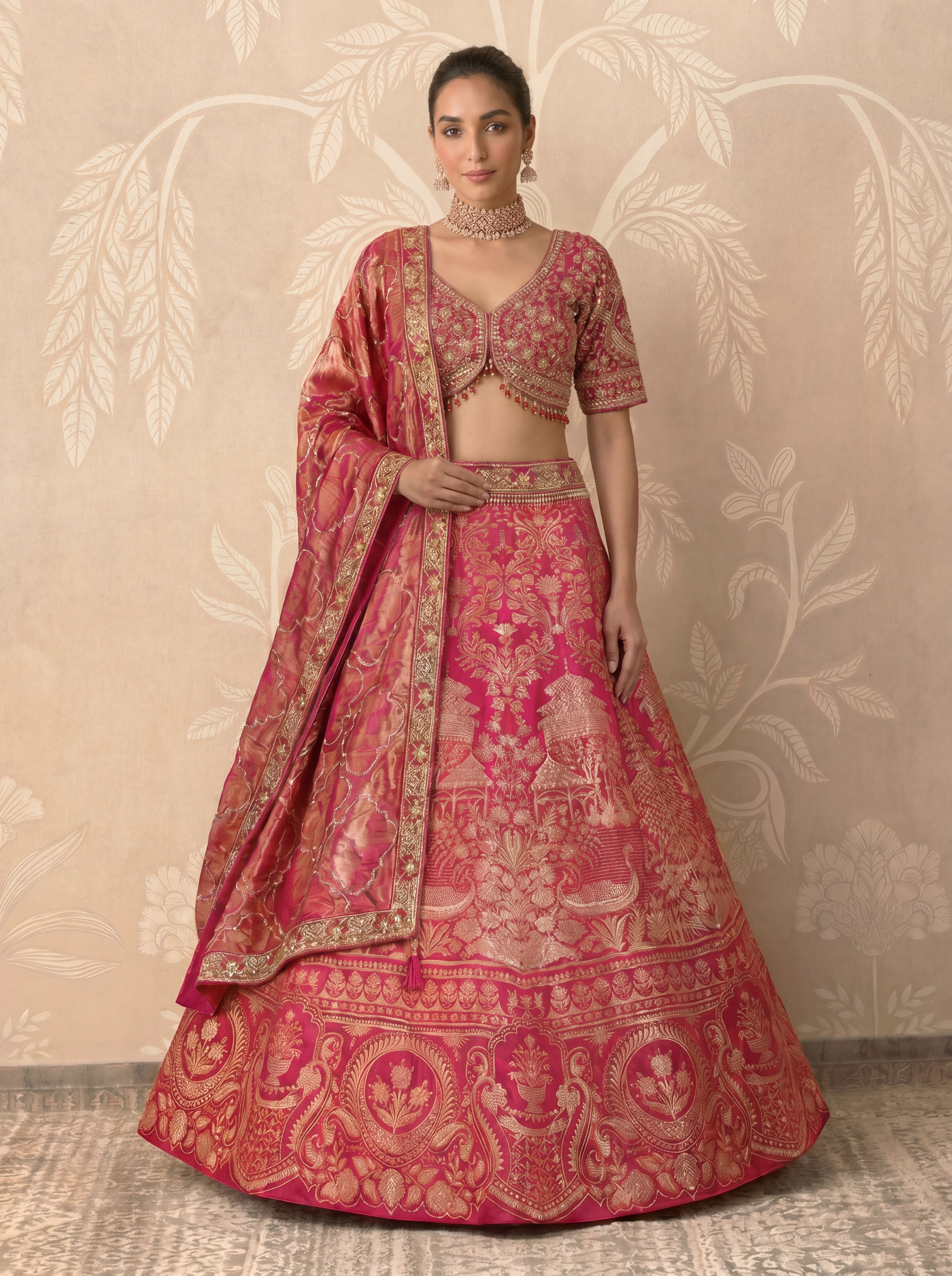 Fuchsia Pink Viscose Jacquard Weaving Bridal Lehenga Choli Set