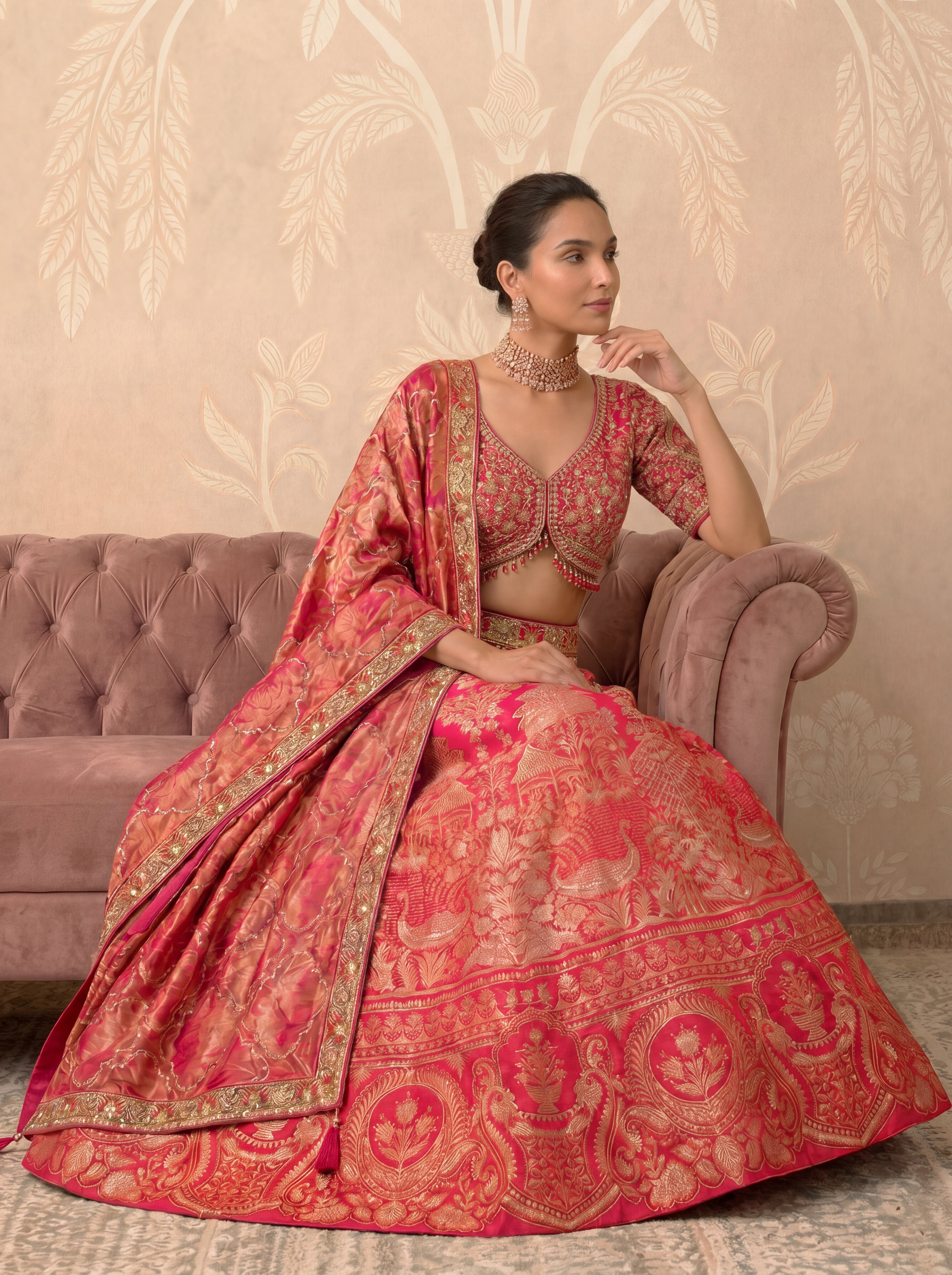 Fuchsia Pink Viscose Jacquard Weaving Bridal Lehenga Choli Set