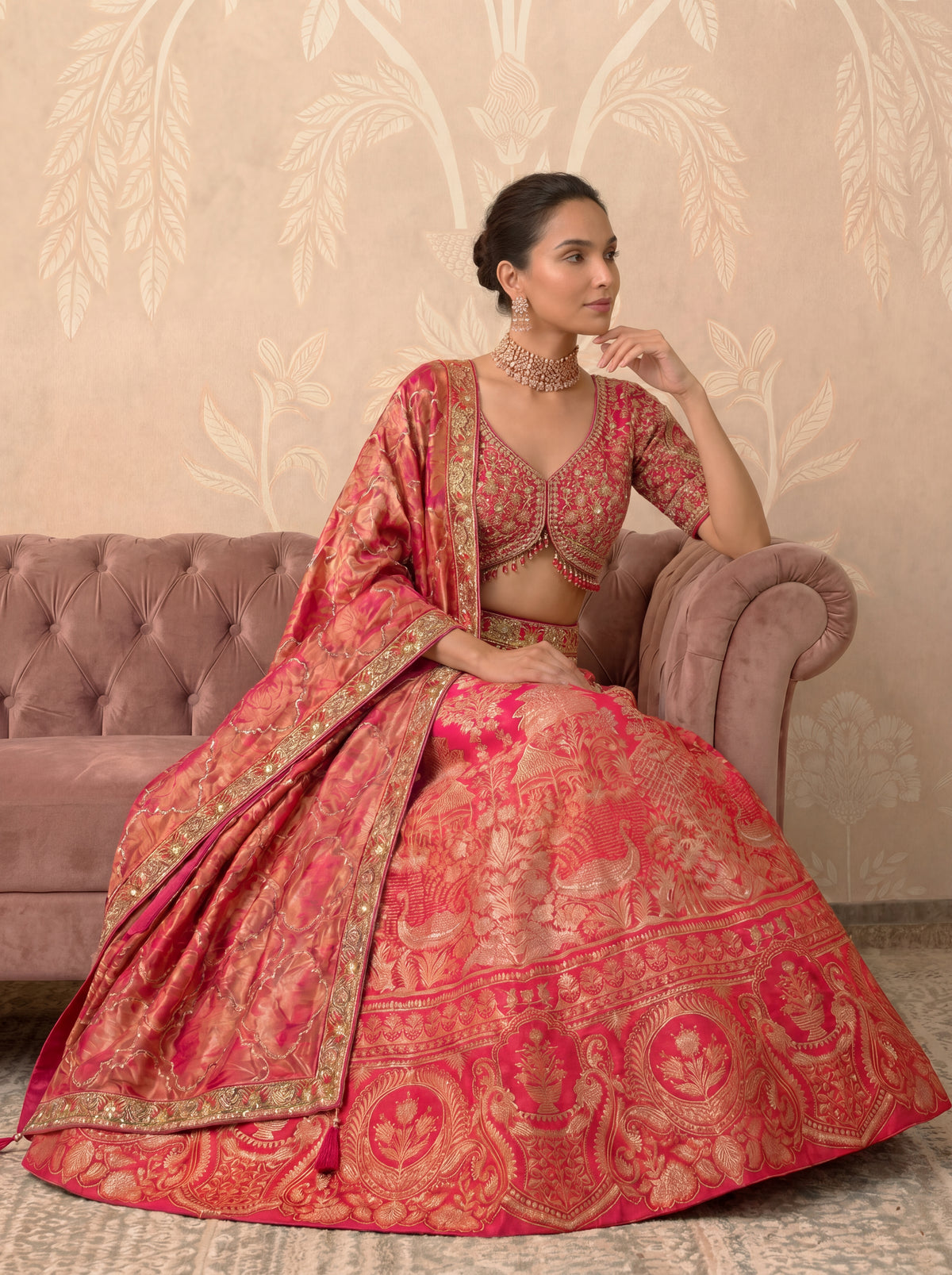Fuchsia Pink Viscose Jacquard Weaving Bridal Lehenga Choli Set
