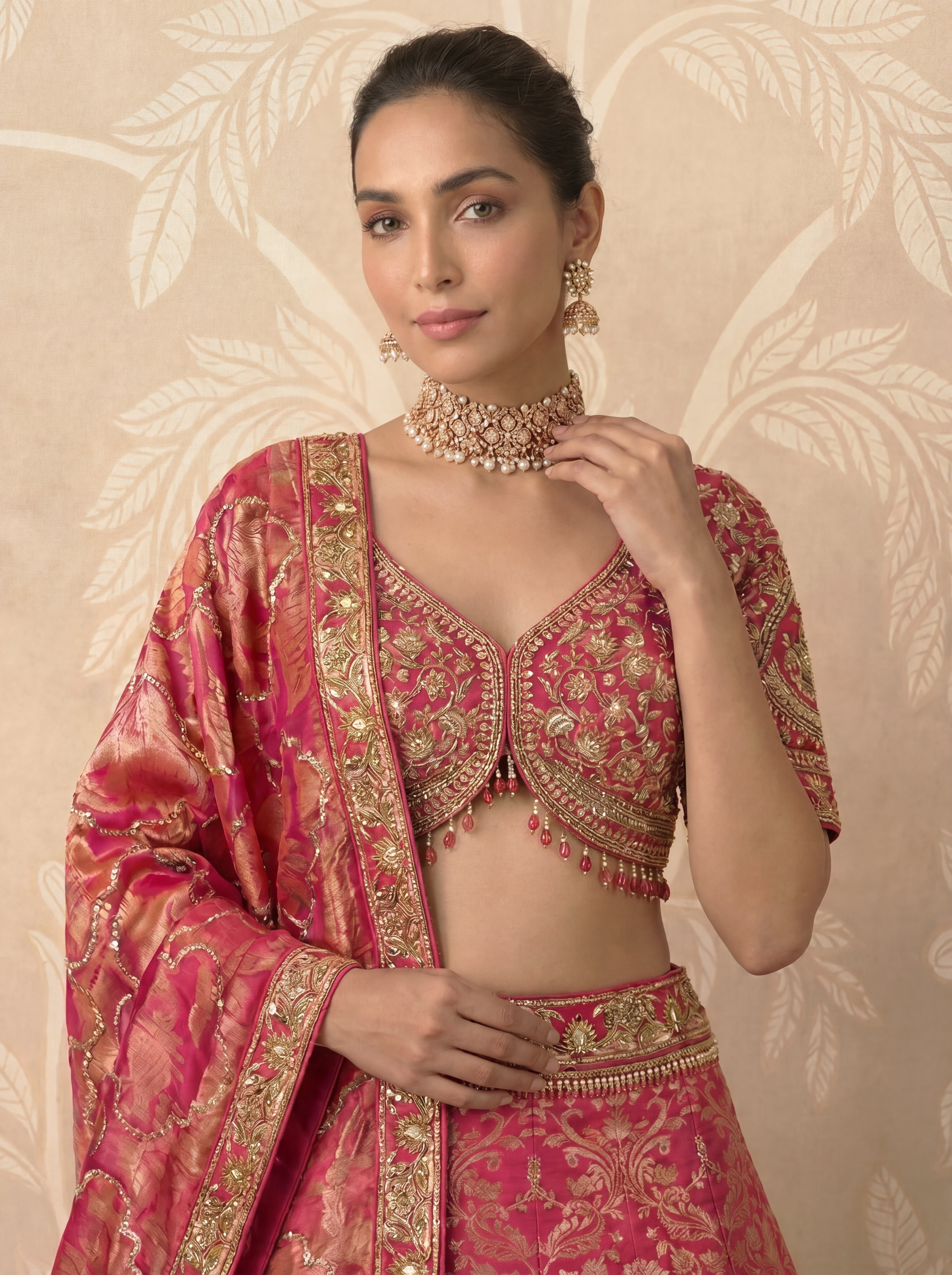 Fuchsia Pink Viscose Jacquard Weaving Bridal Lehenga Choli Set