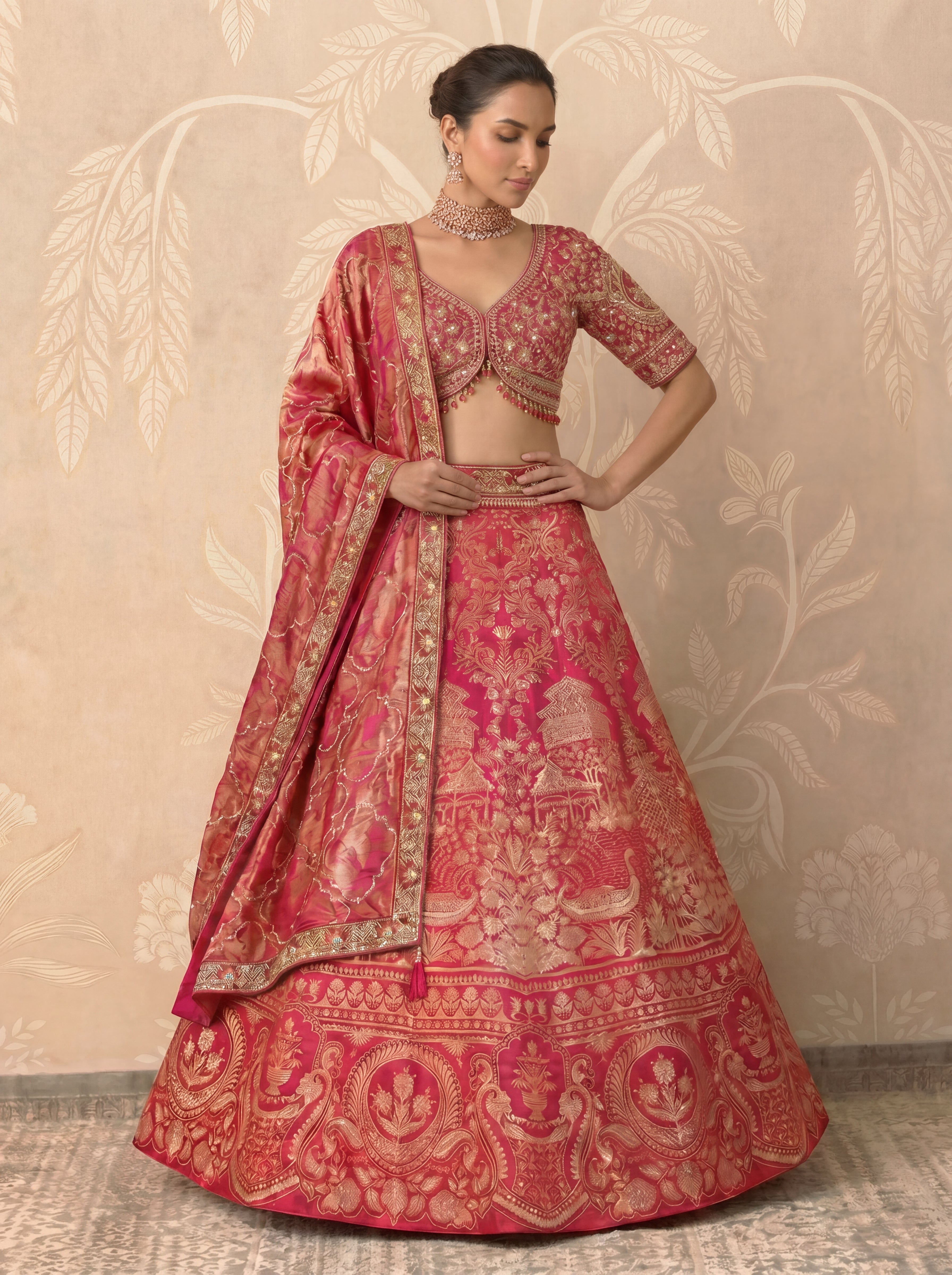 Fuchsia Pink Viscose Jacquard Weaving Bridal Lehenga Choli Set