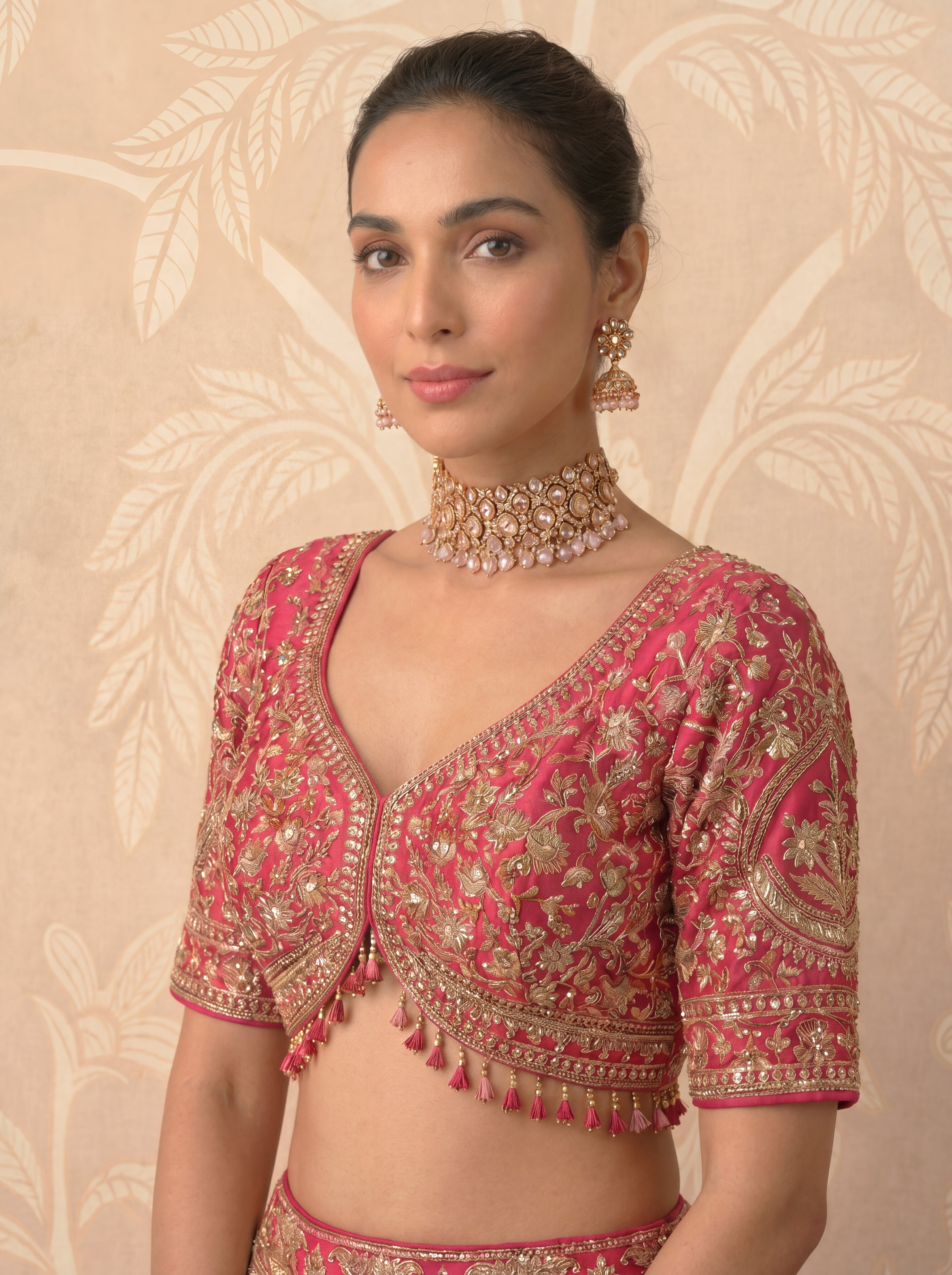 Fuchsia Pink Viscose Jacquard Weaving Bridal Lehenga Choli Set