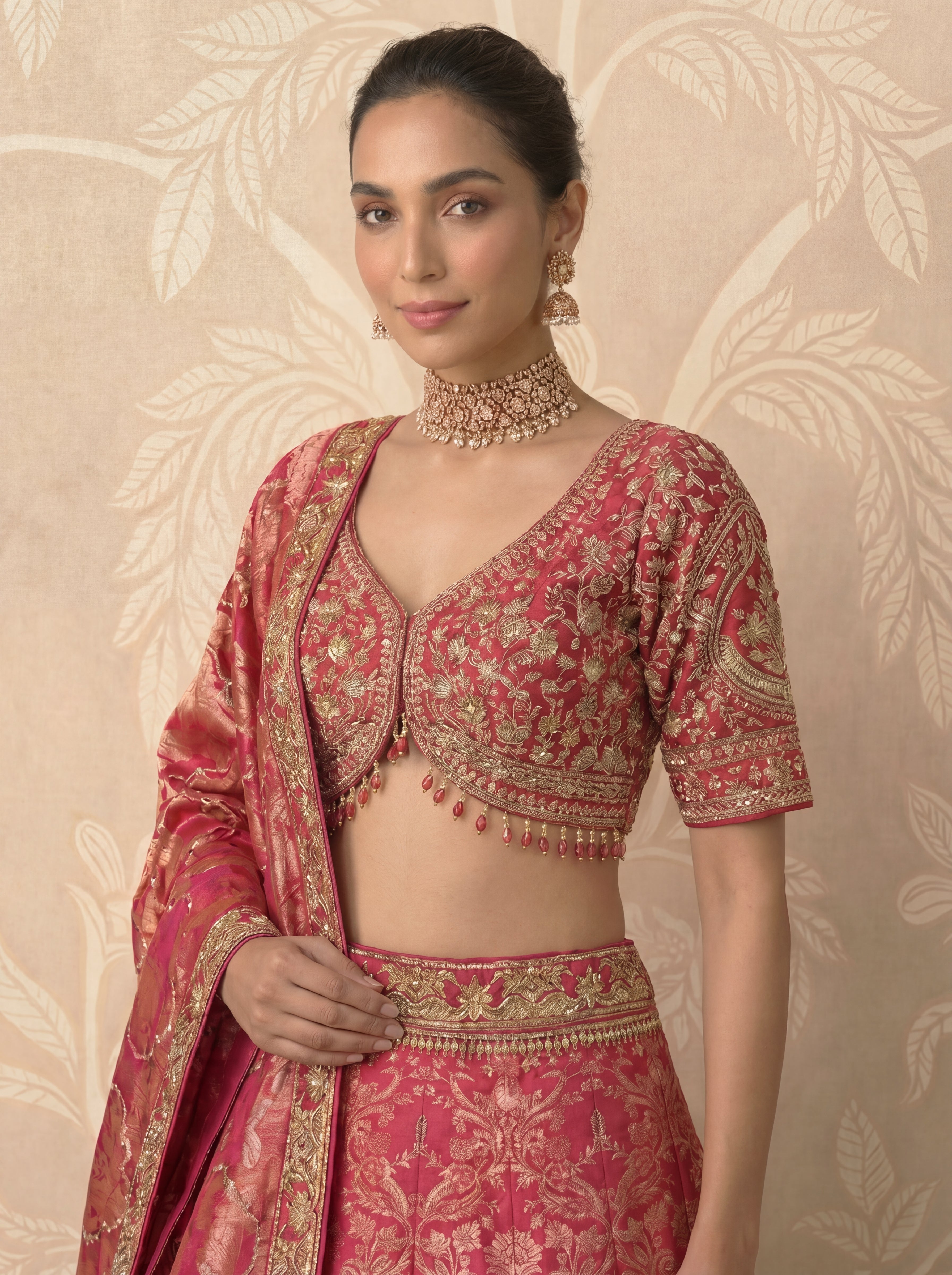 Fuchsia Pink Viscose Jacquard Weaving Bridal Lehenga Choli Set
