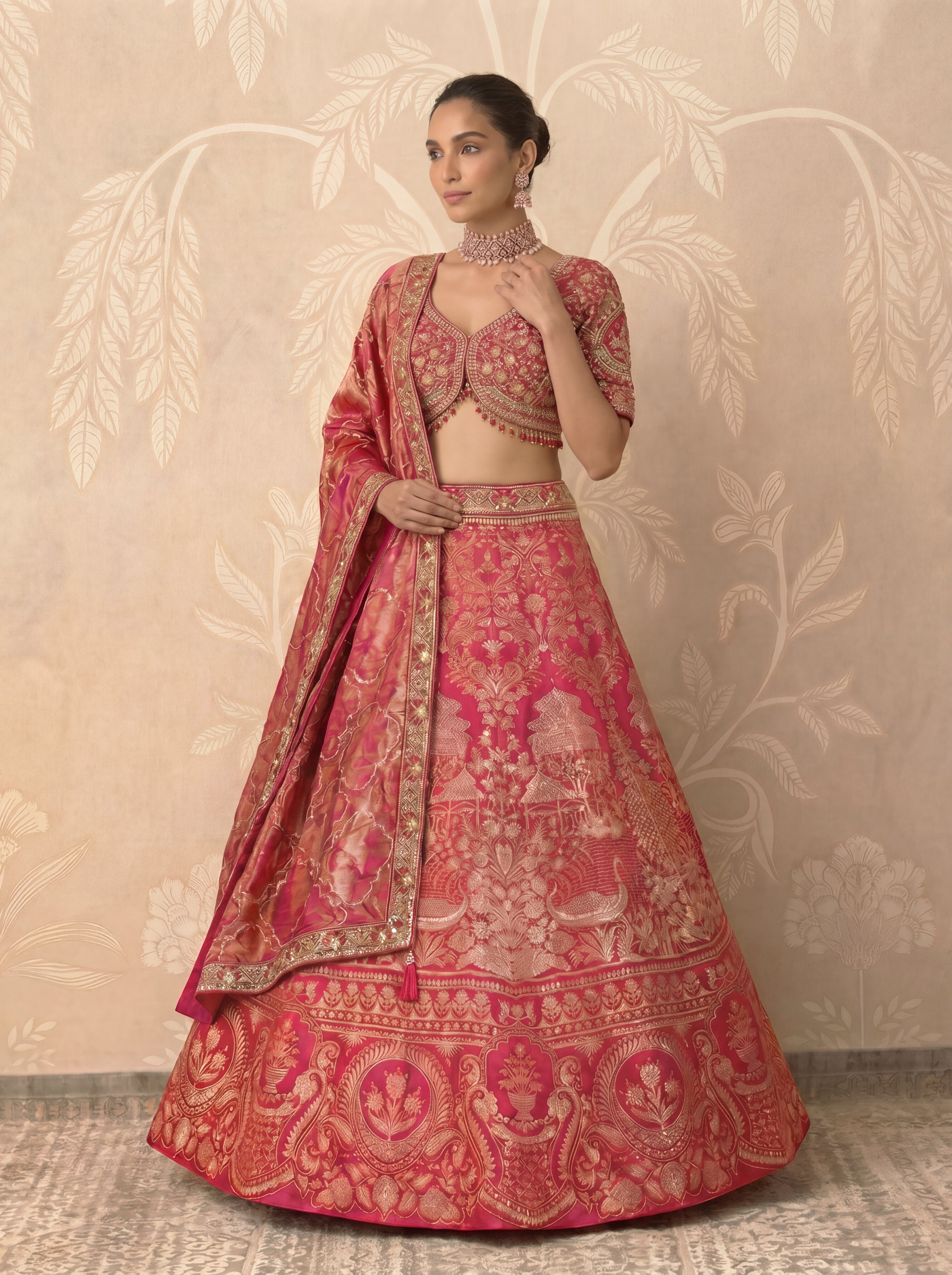 Fuchsia Pink Viscose Jacquard Weaving Bridal Lehenga Choli Set