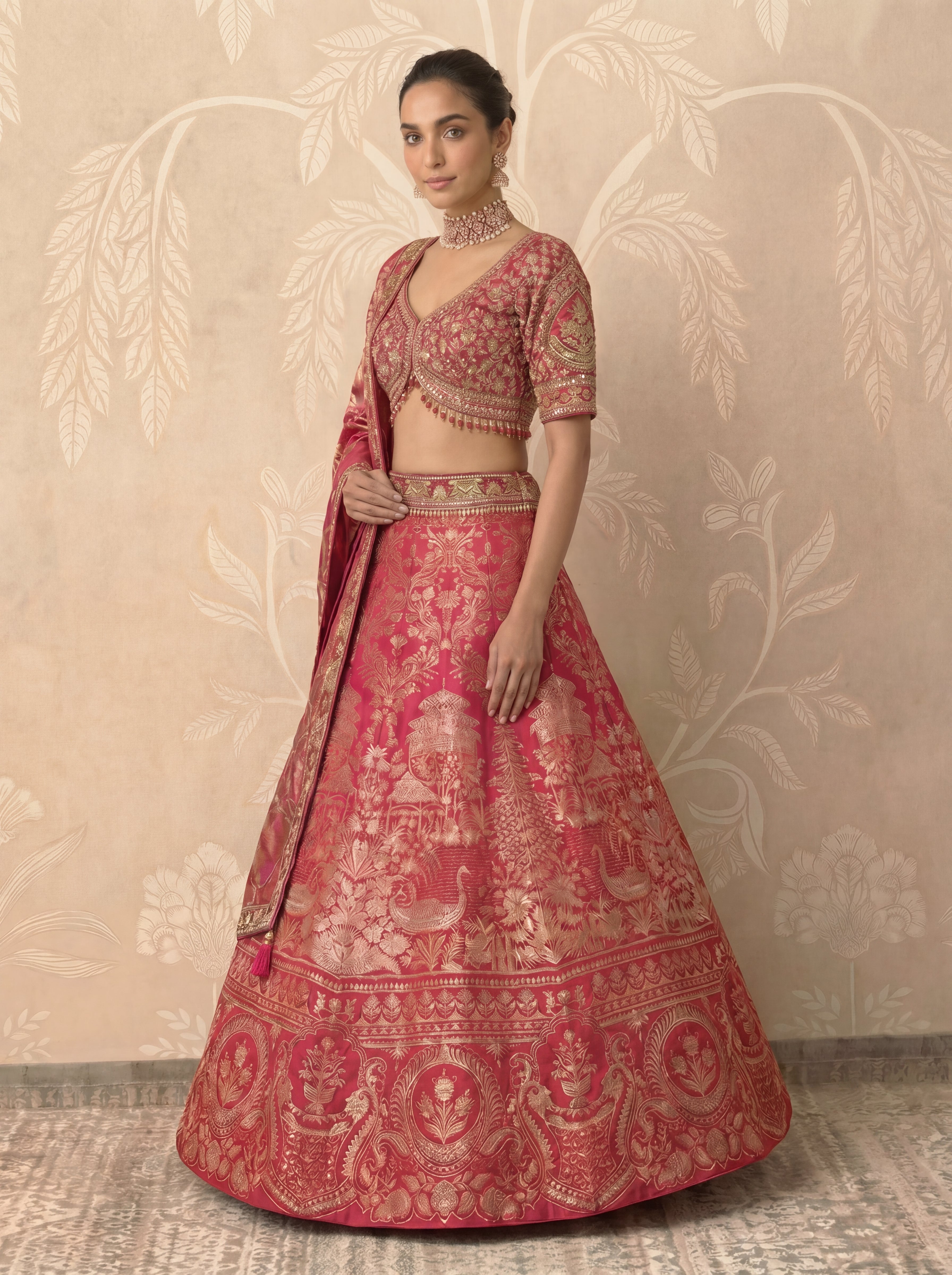 Fuchsia Pink Viscose Jacquard Weaving Bridal Lehenga Choli Set
