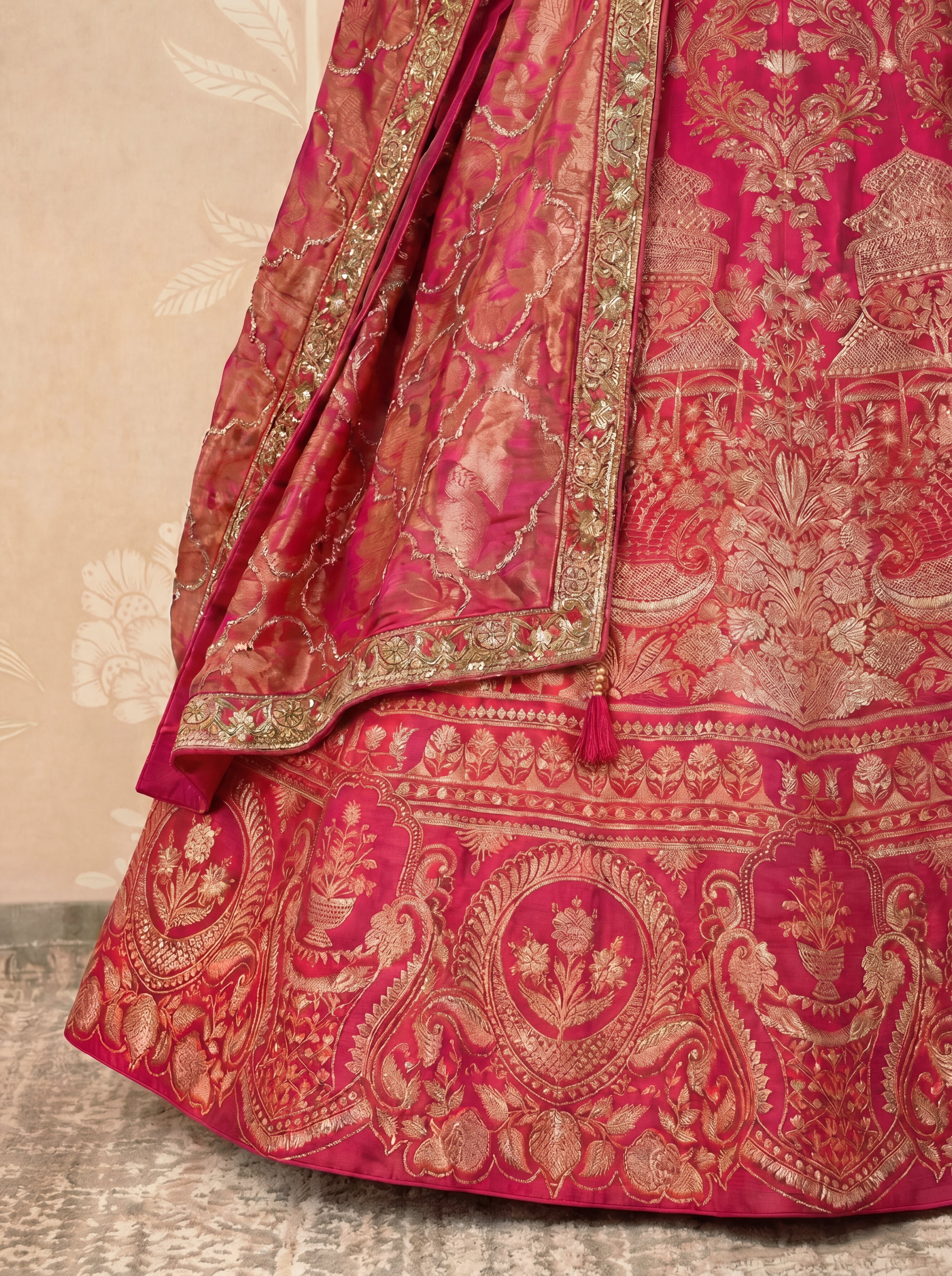 Fuchsia Pink Viscose Jacquard Weaving Bridal Lehenga Choli Set