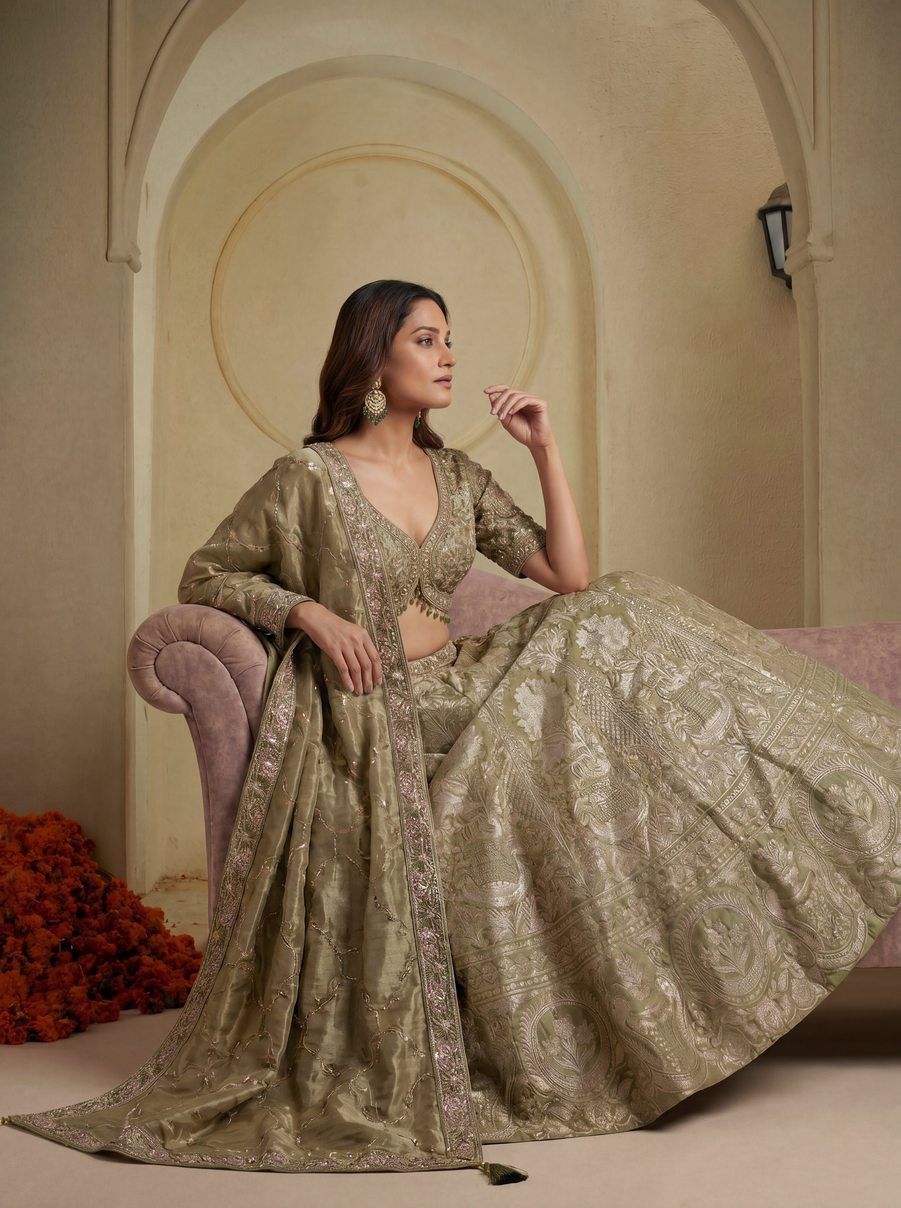 Olive Green Viscose Jacquard Weaving Bridal Lehenga Choli Set