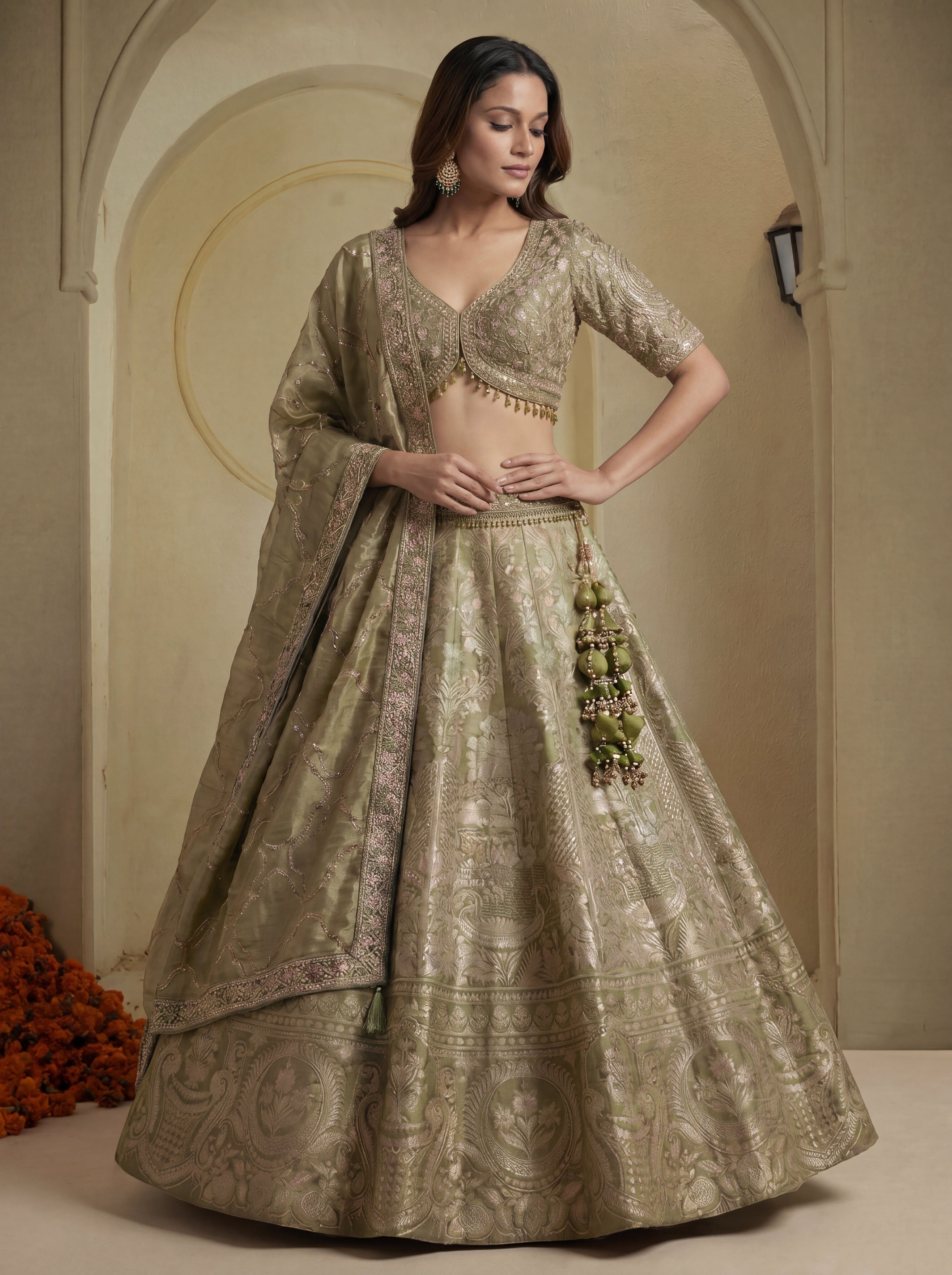 Olive Green Viscose Jacquard Weaving Bridal Lehenga Choli Set
