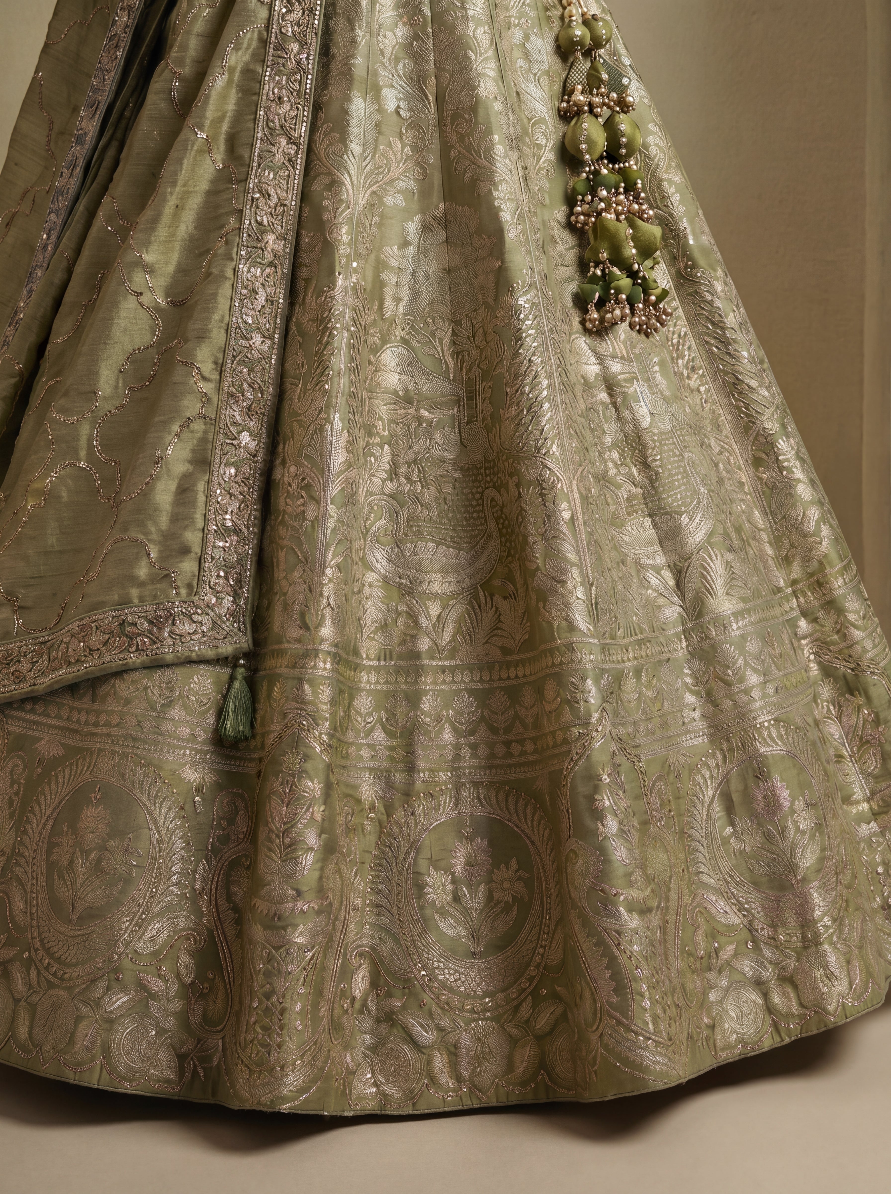 Olive Green Viscose Jacquard Weaving Bridal Lehenga Choli Set