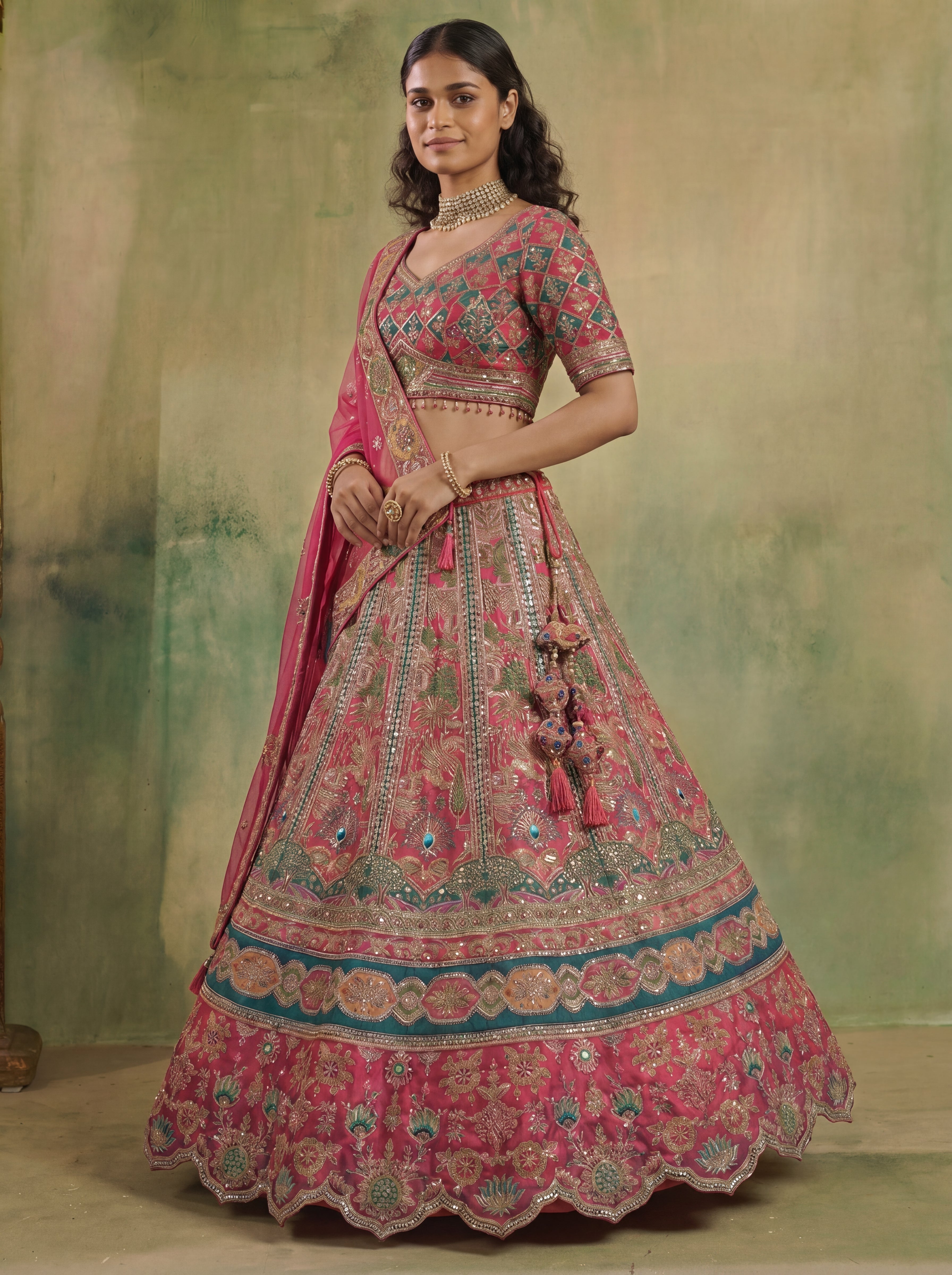 Raspberry Pink Viscose Mirror Sequins Bridal Lehenga Choli Set