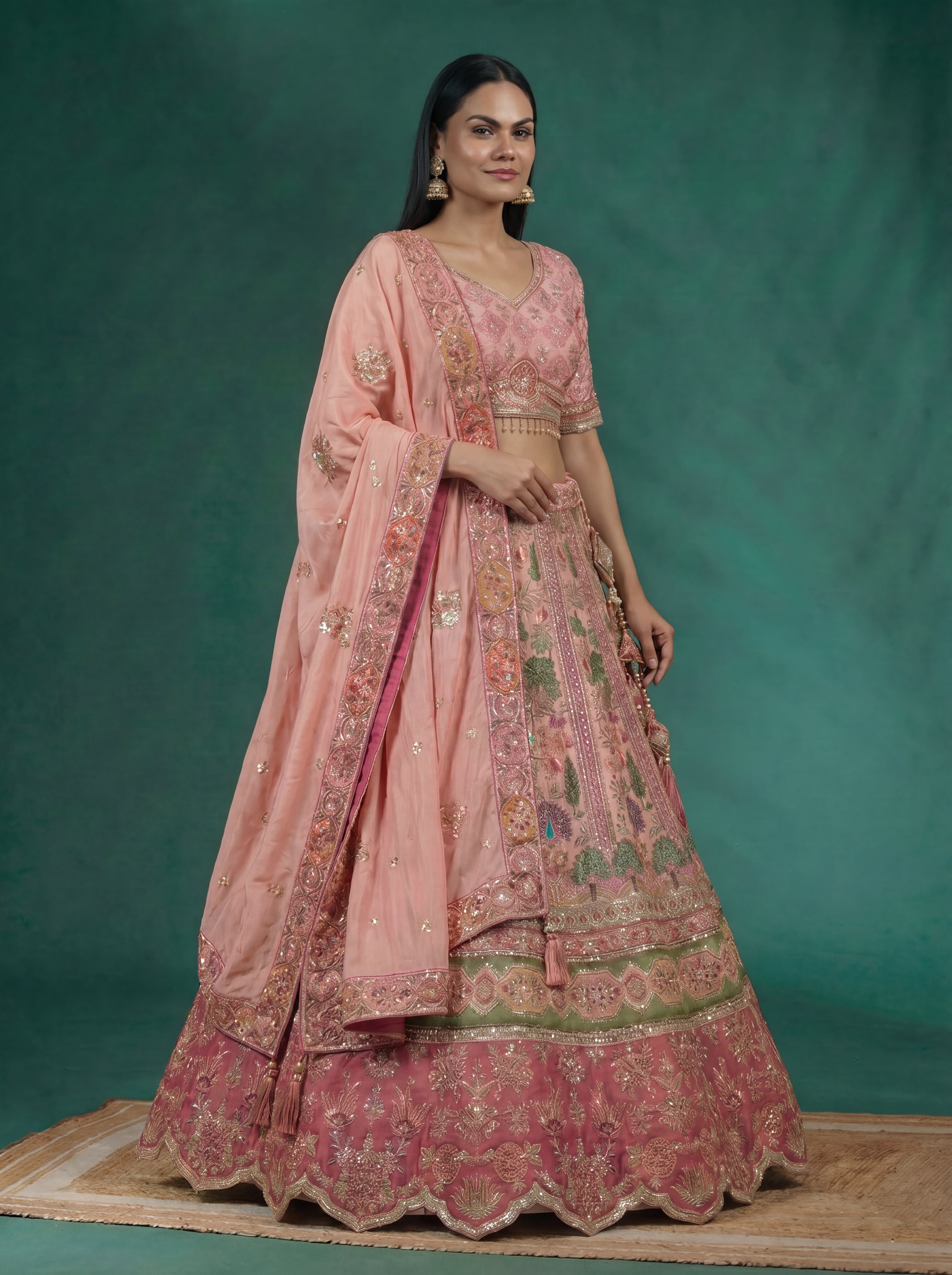 Pink Viscose Embroidered Mirror Work Bridal Lehenga Choli Set