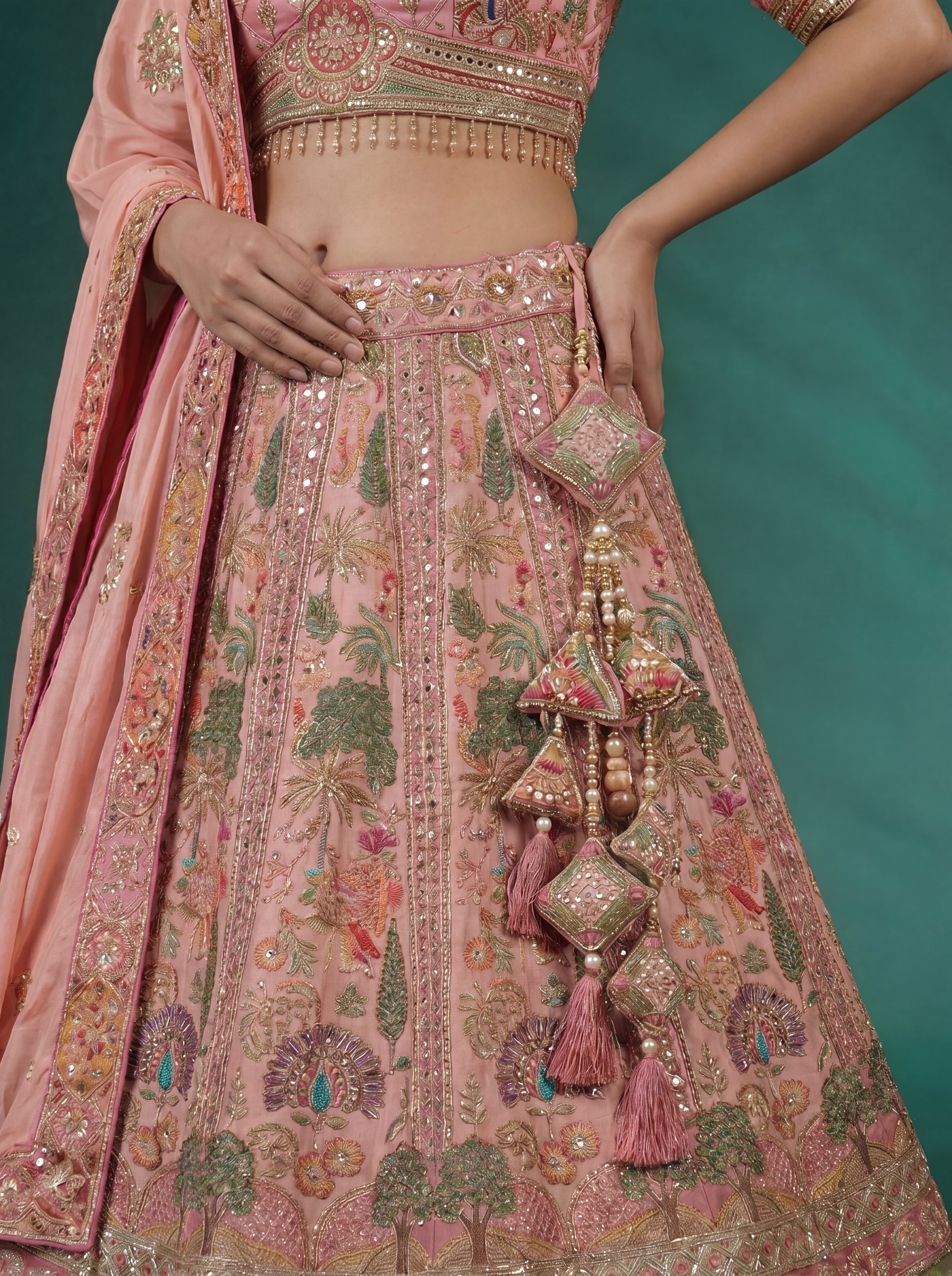 Pink Viscose Embroidered Mirror Work Bridal Lehenga Choli Set