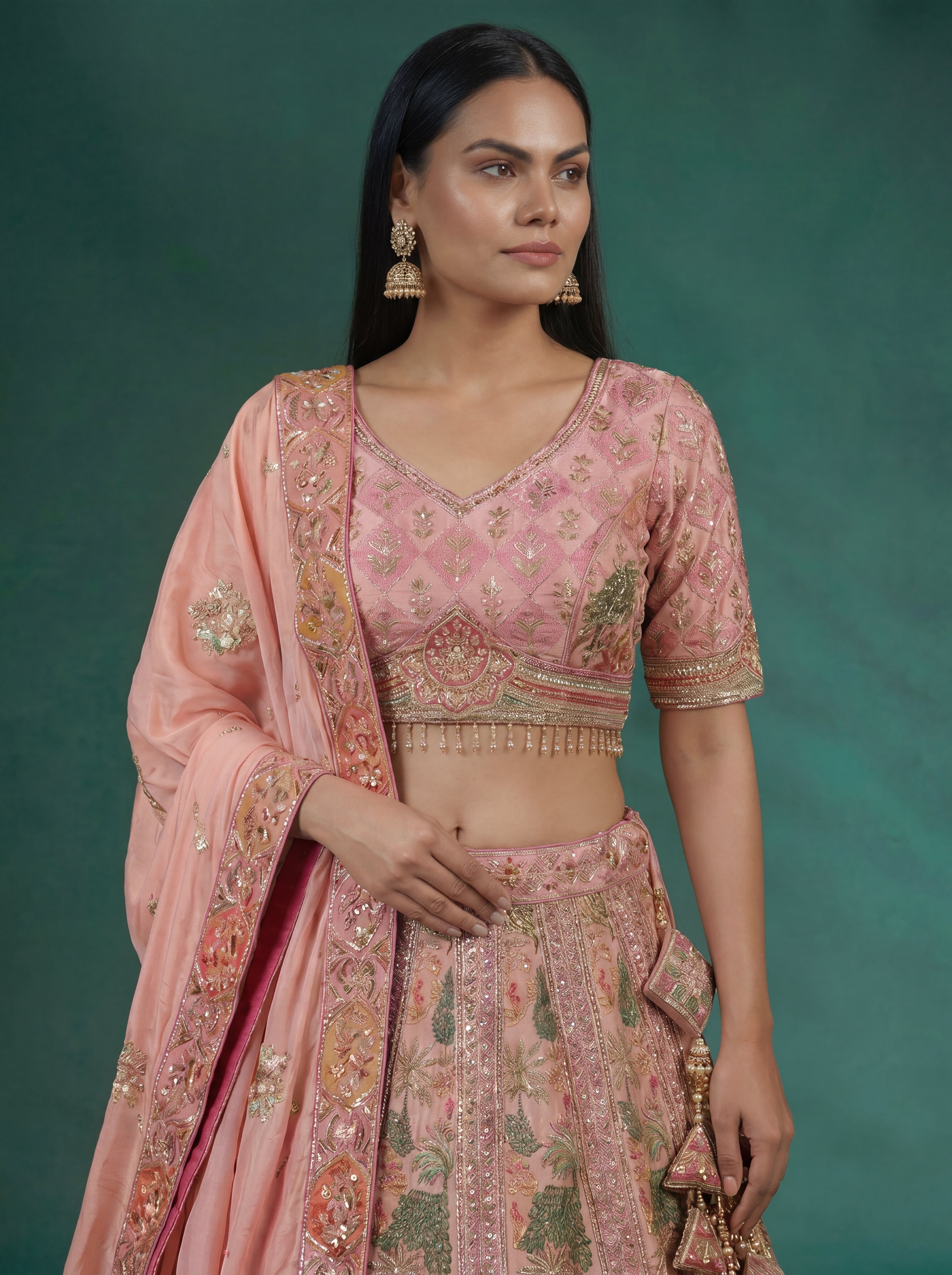 Pink Viscose Embroidered Mirror Work Bridal Lehenga Choli Set