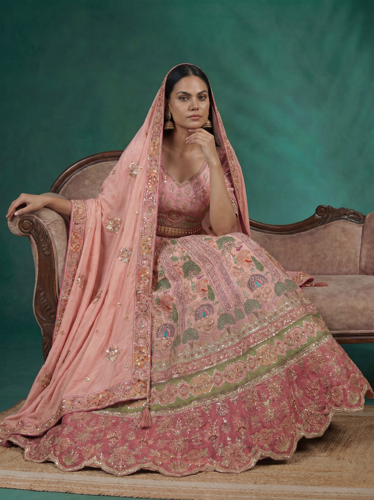 Pink Viscose Embroidered Mirror Work Bridal Lehenga Choli Set