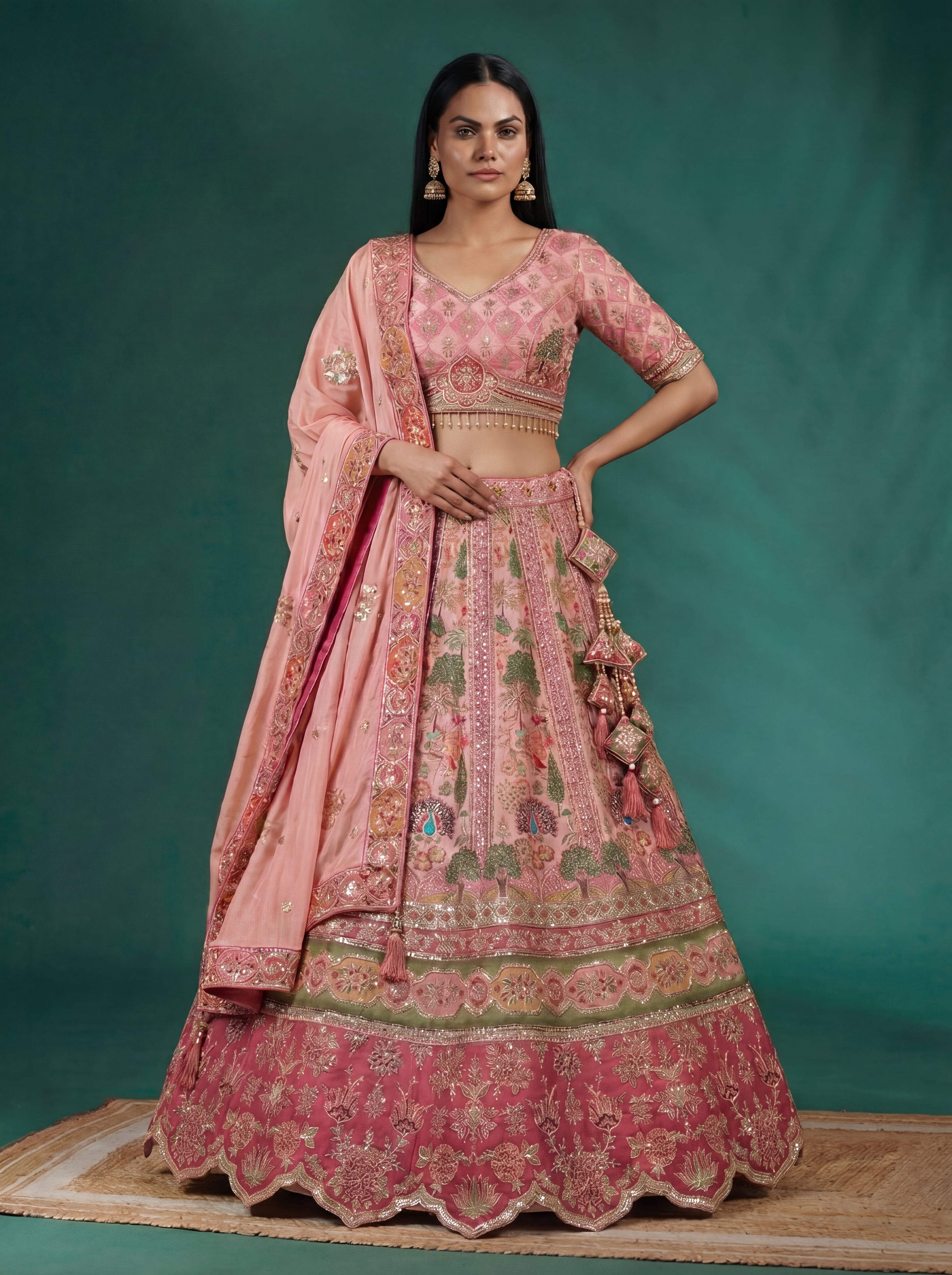 Pink Viscose Embroidered Mirror Work Bridal Lehenga Choli Set