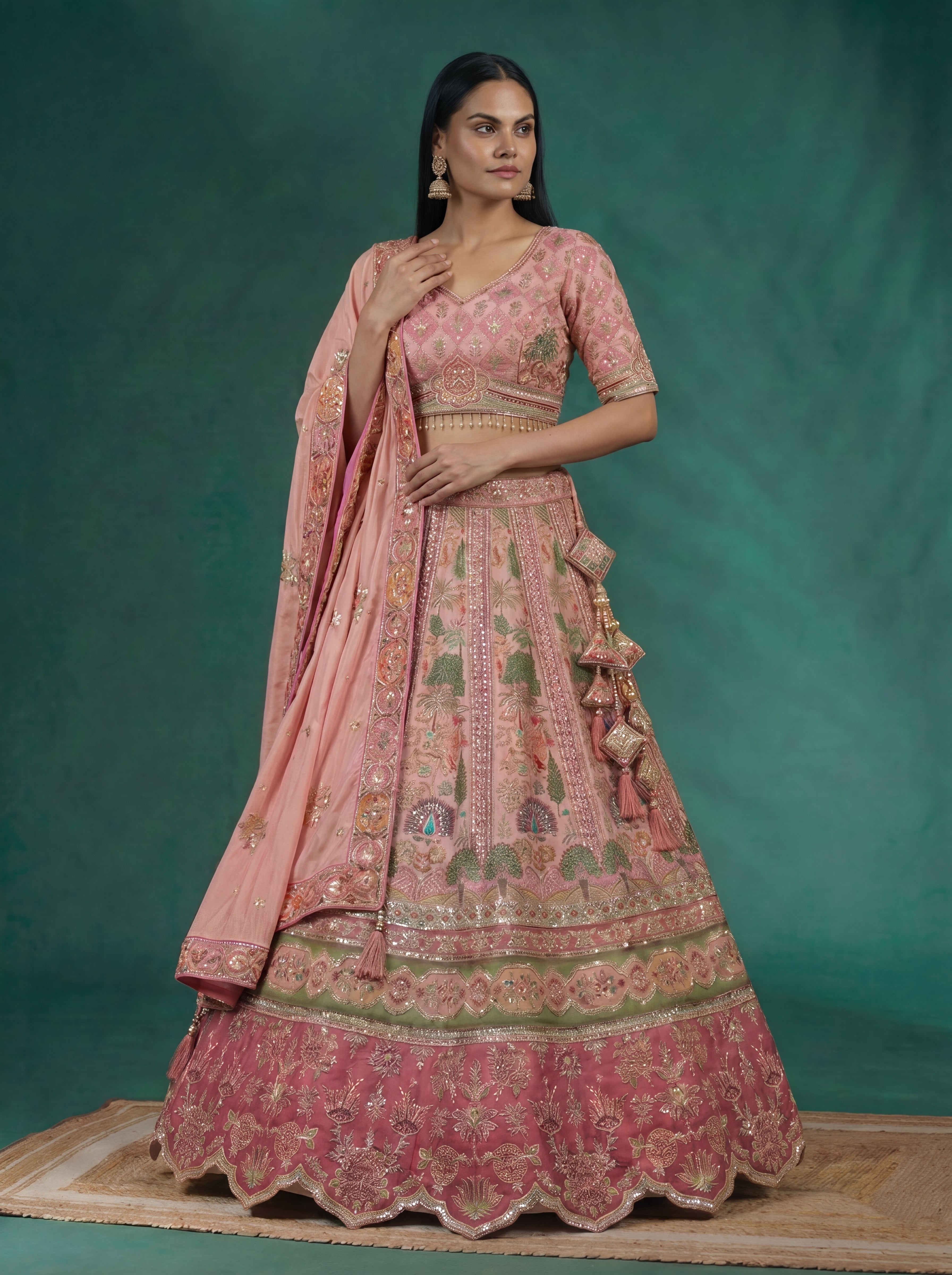 Pink Viscose Embroidered Mirror Work Bridal Lehenga Choli Set