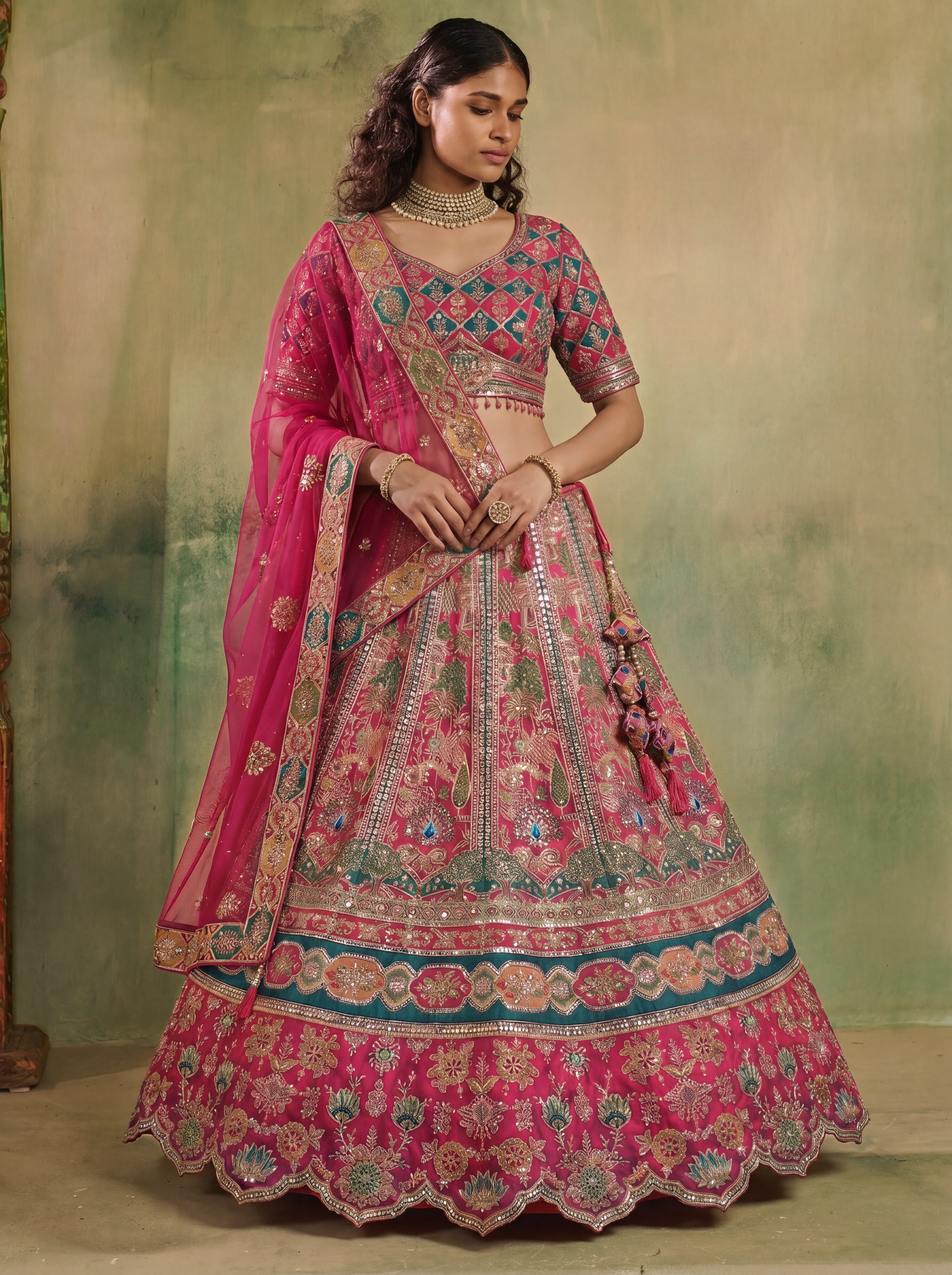 Raspberry Pink Viscose Mirror Sequins Bridal Lehenga Choli Set