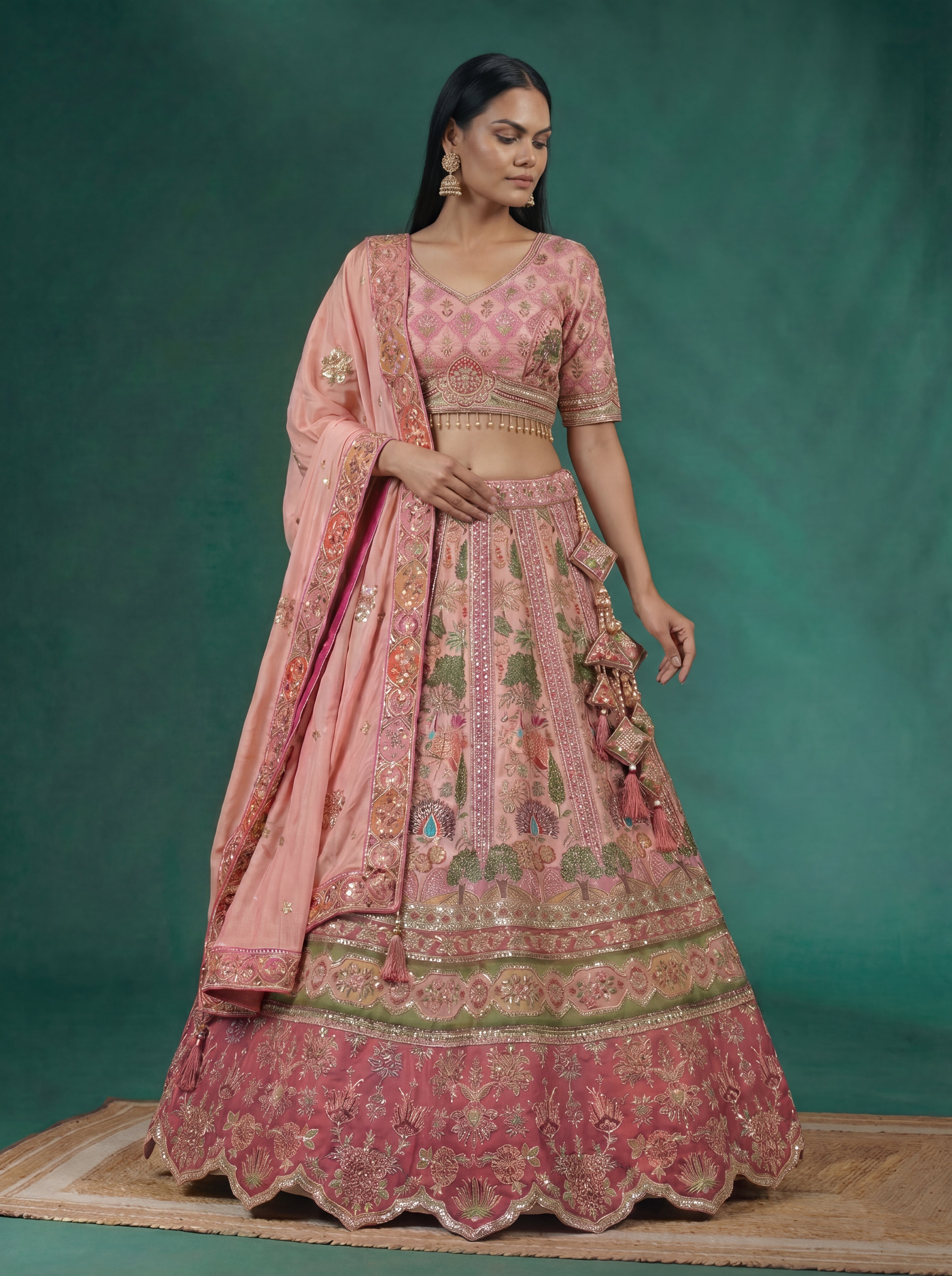 Pink Viscose Embroidered Mirror Work Bridal Lehenga Choli Set