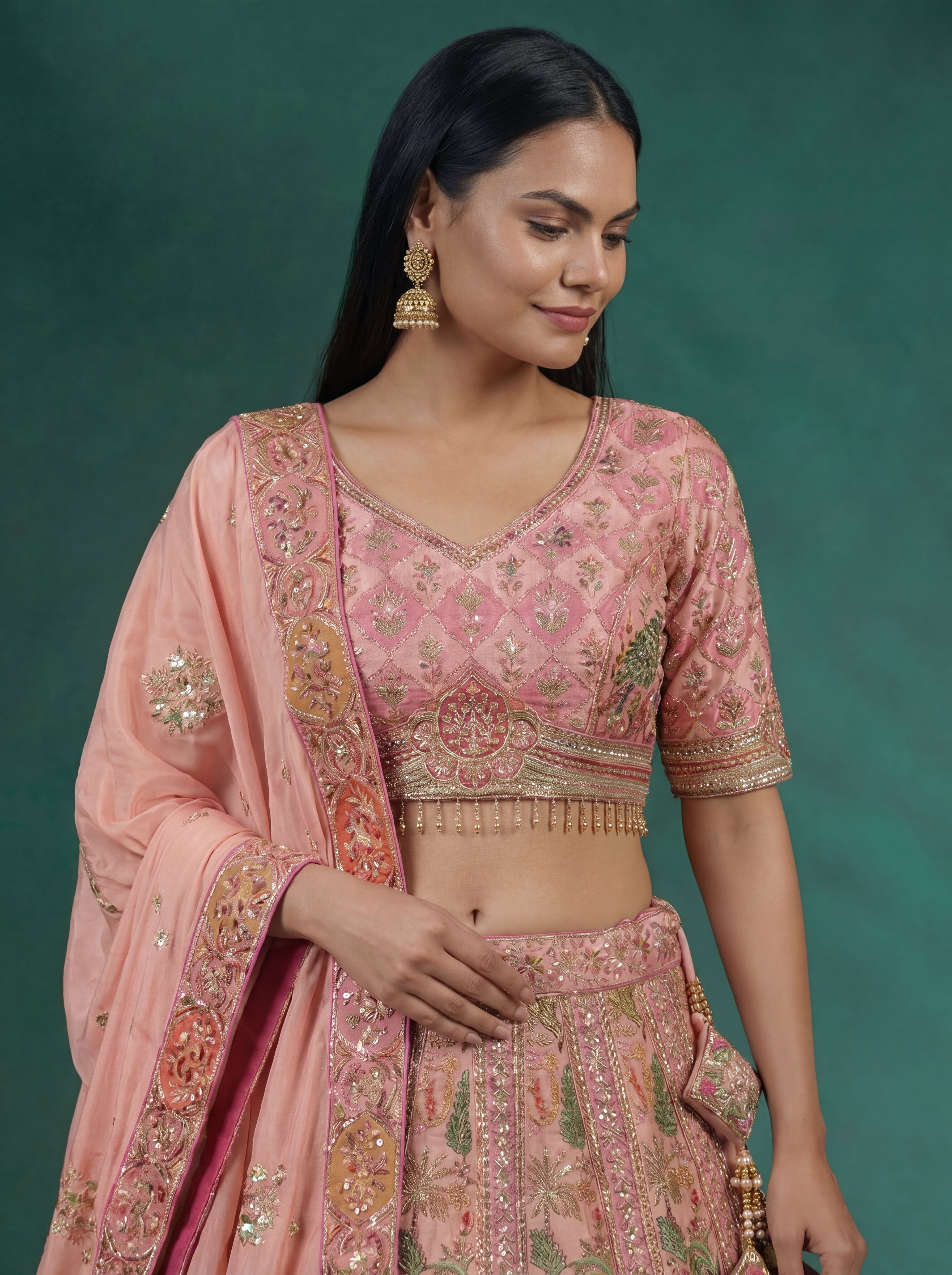 Pink Viscose Embroidered Mirror Work Bridal Lehenga Choli Set
