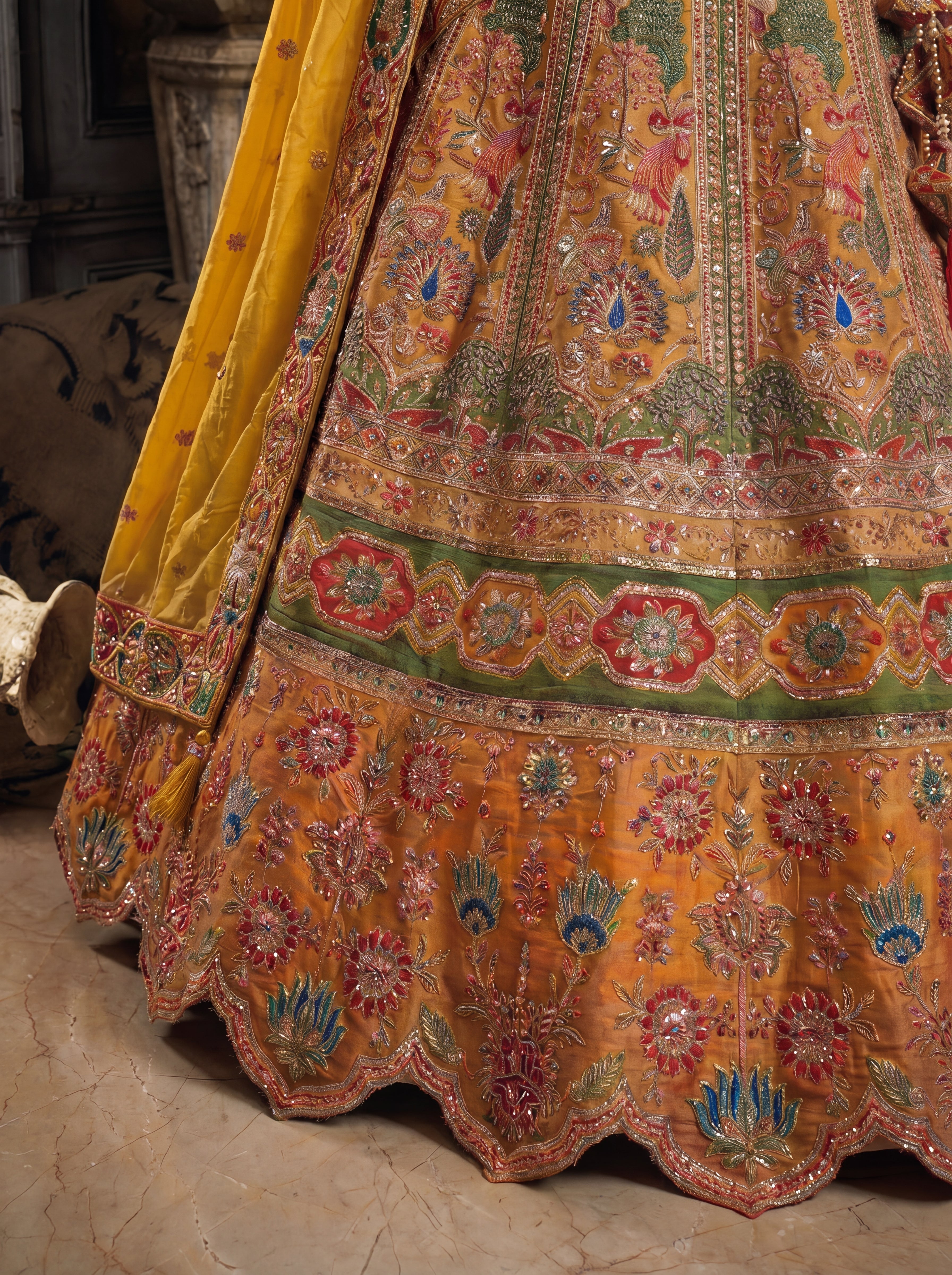 Mustard Gold Viscose Sequins Mirror Bridal Lehenga Choli Set