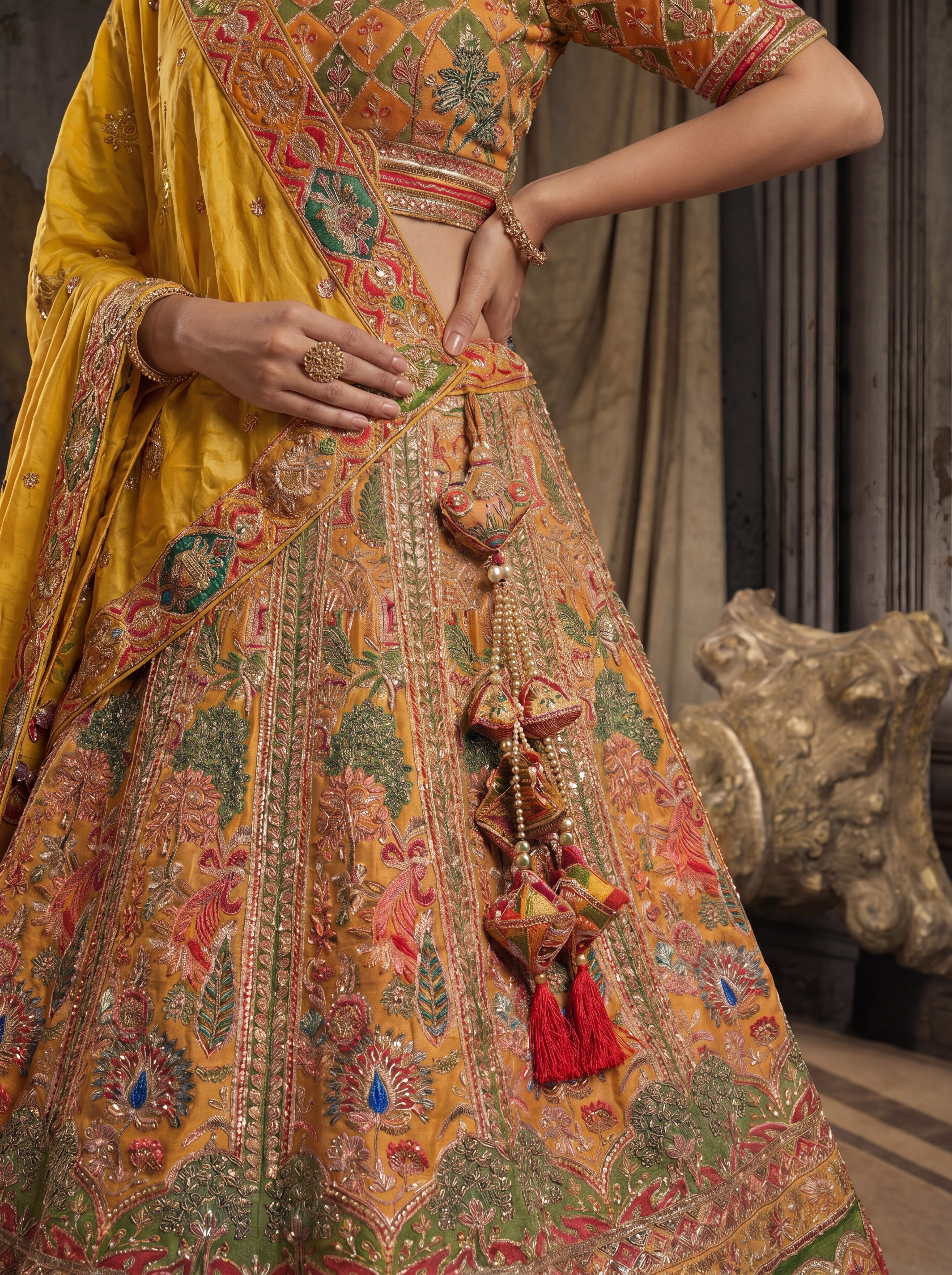 Mustard Gold Viscose Sequins Mirror Bridal Lehenga Choli Set
