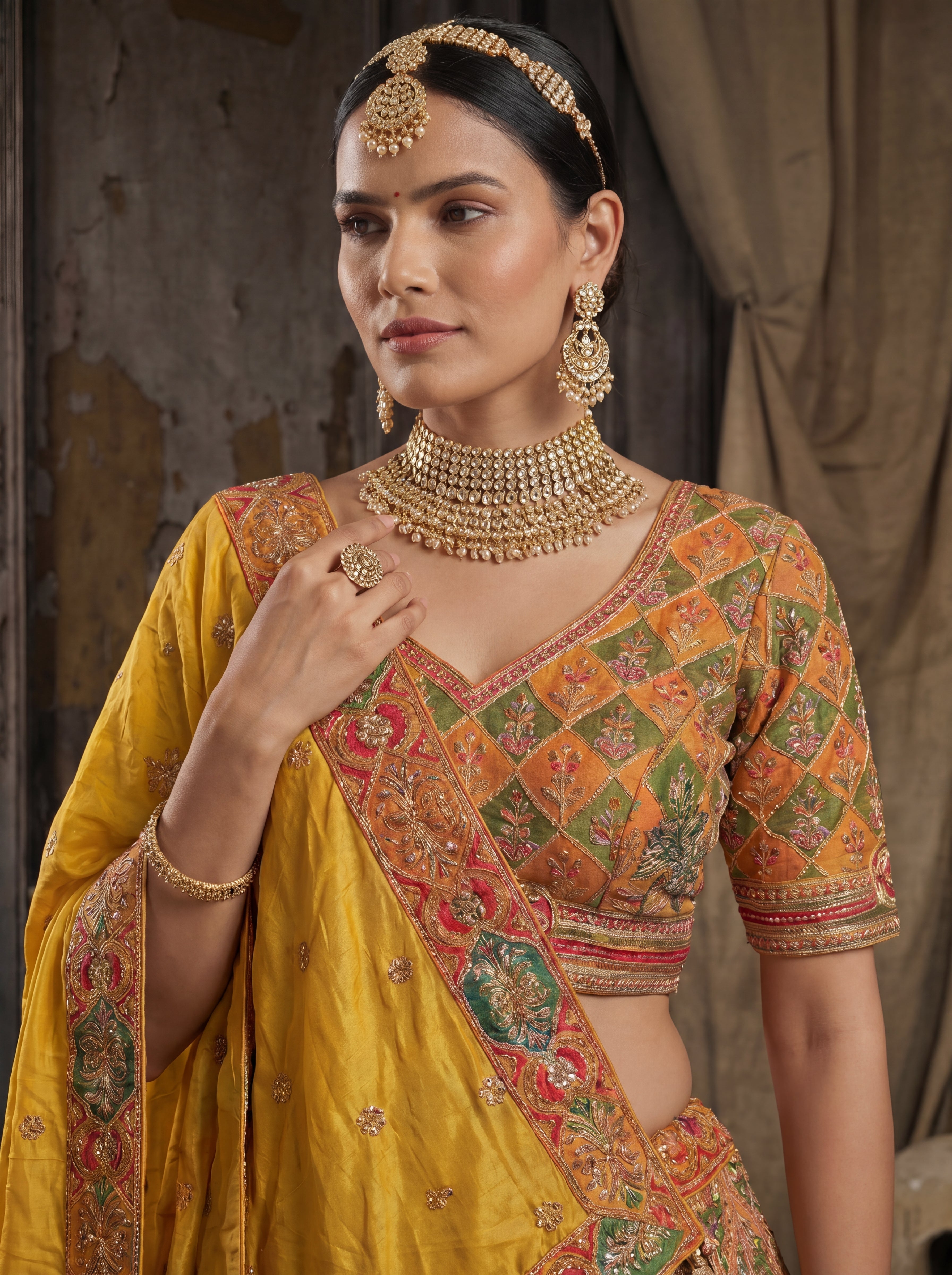 Mustard Gold Viscose Sequins Mirror Bridal Lehenga Choli Set