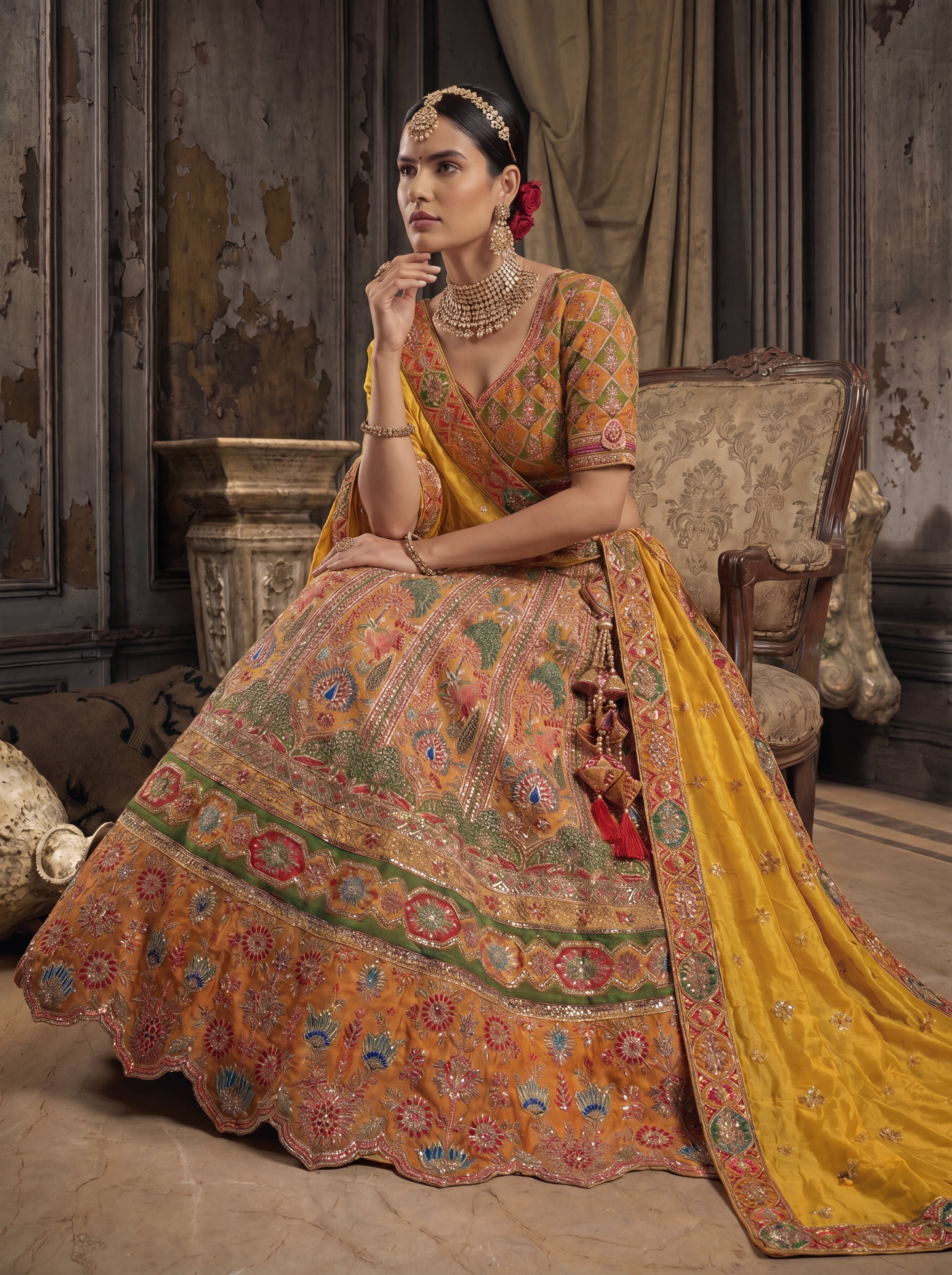 Mustard Gold Viscose Sequins Mirror Bridal Lehenga Choli Set