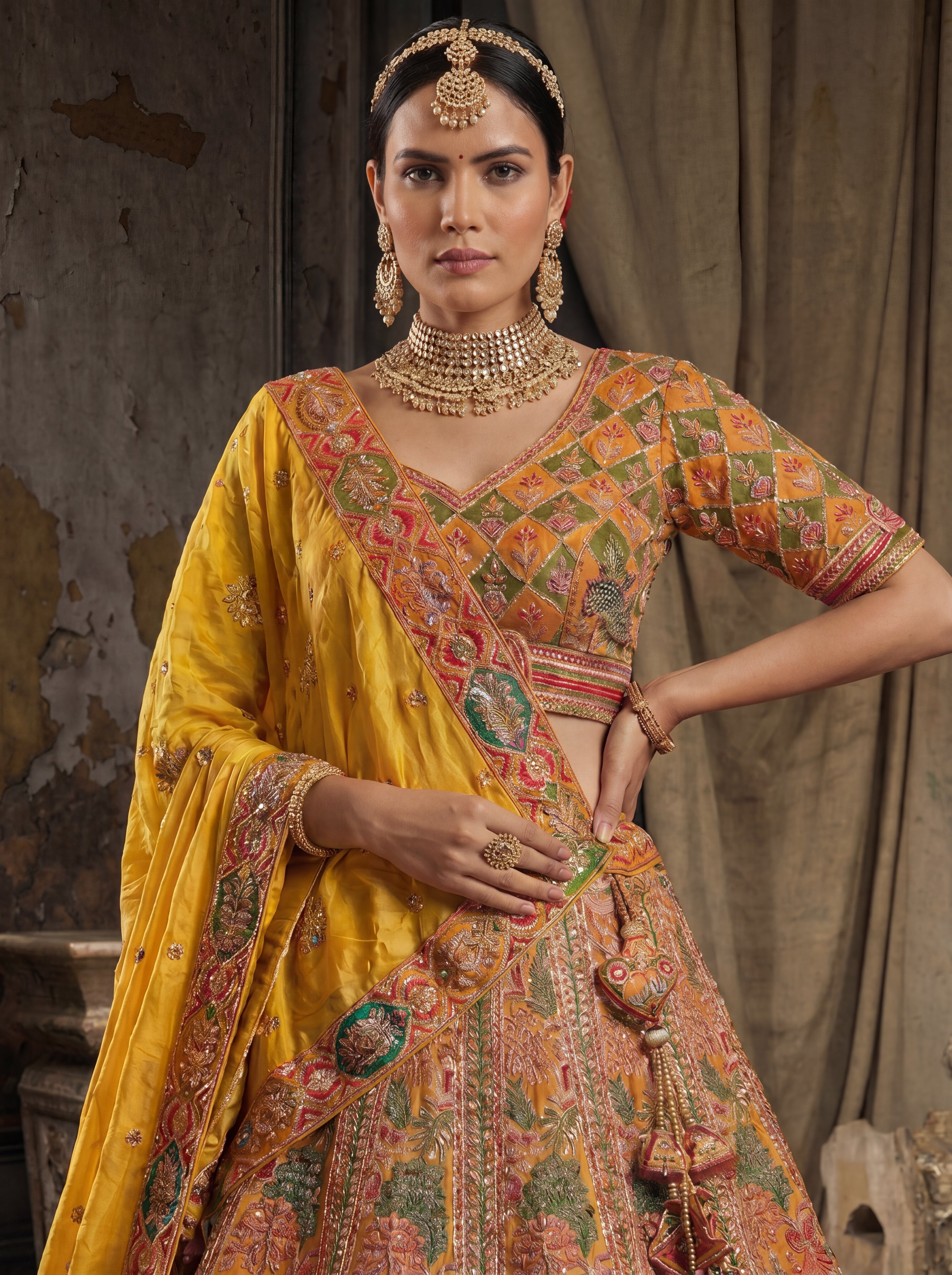 Mustard Gold Viscose Sequins Mirror Bridal Lehenga Choli Set