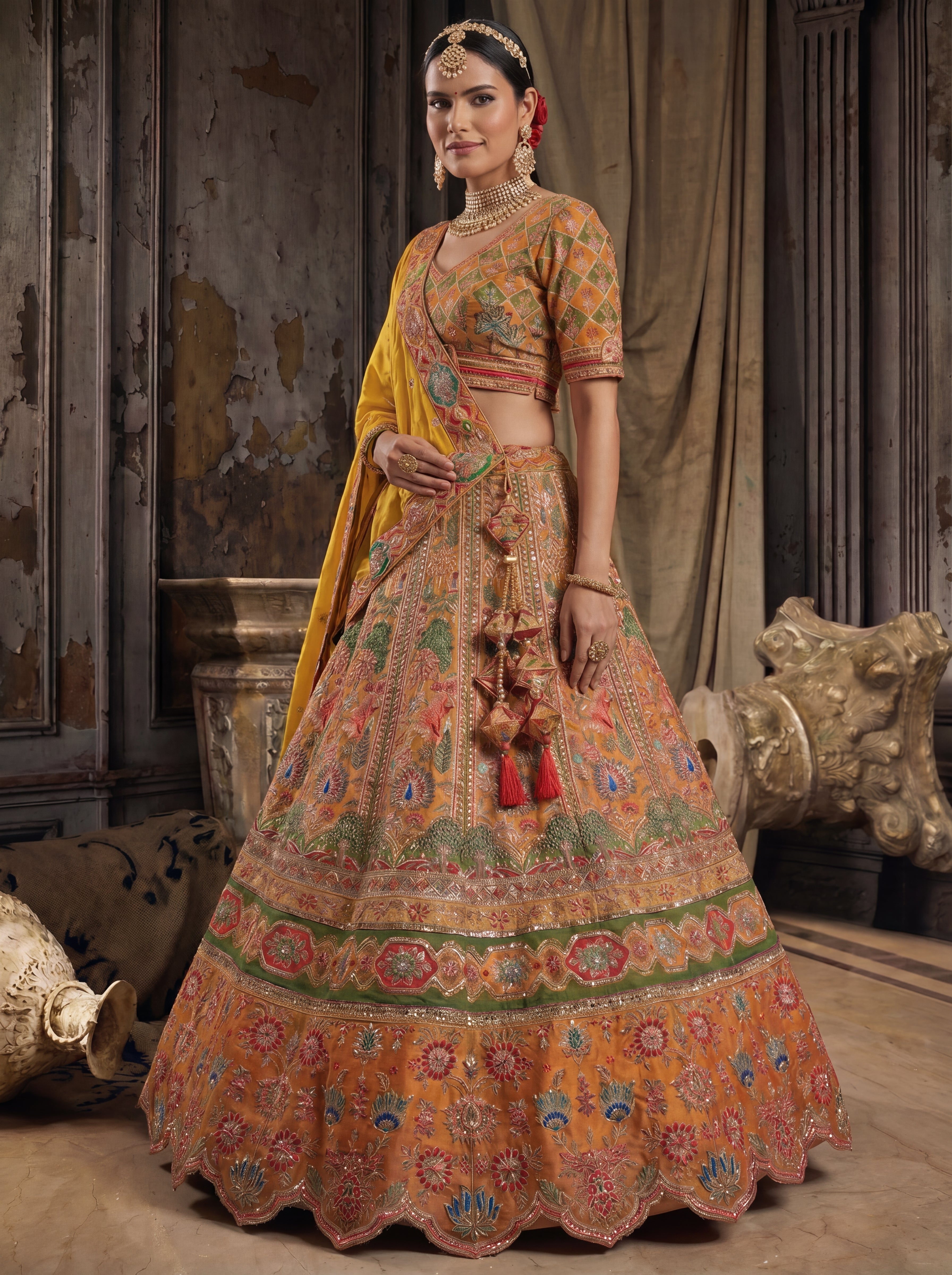 Mustard Gold Viscose Sequins Mirror Bridal Lehenga Choli Set