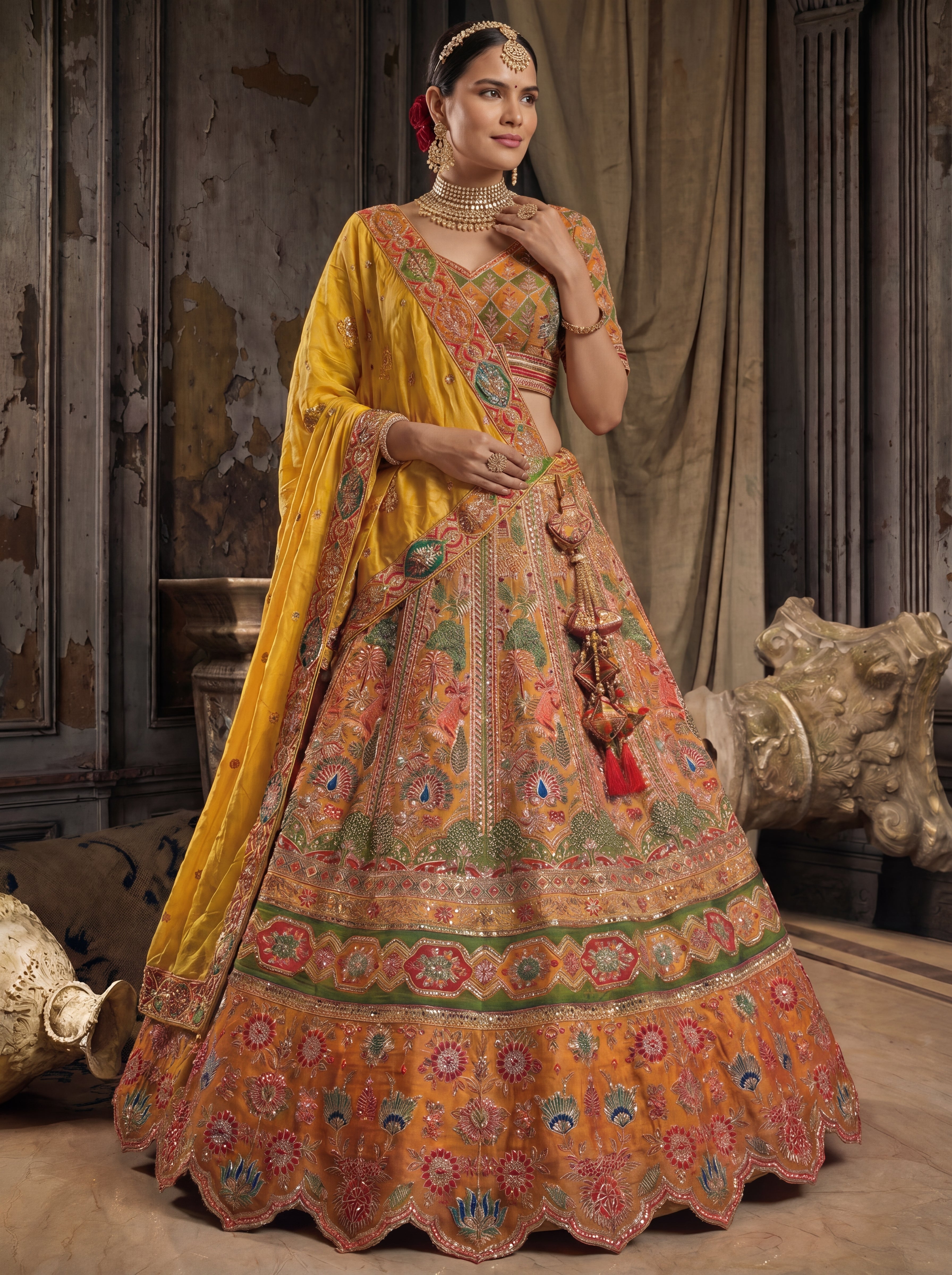 Mustard Gold Viscose Sequins Mirror Bridal Lehenga Choli Set