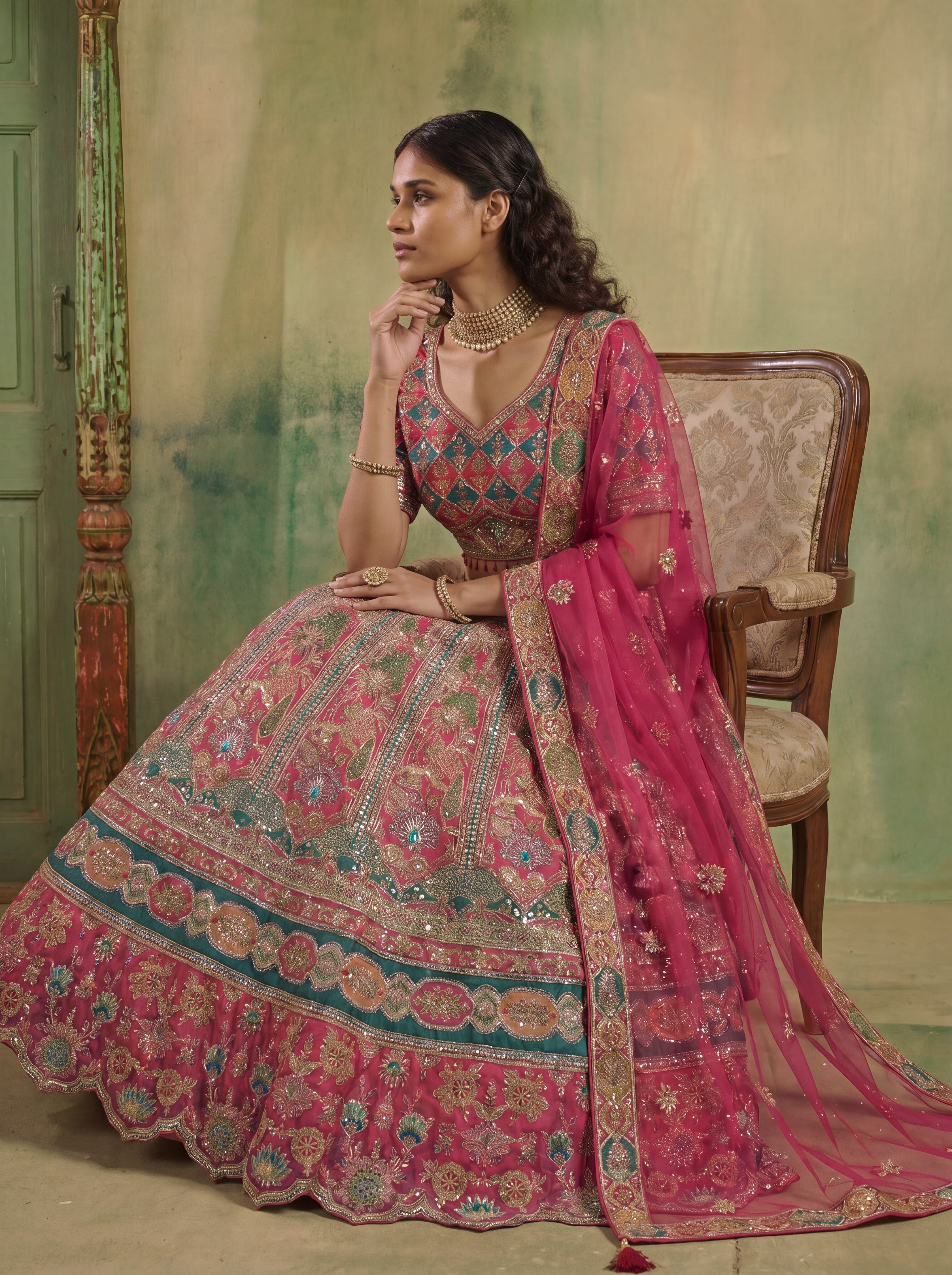 Raspberry Pink Viscose Mirror Sequins Bridal Lehenga Choli Set