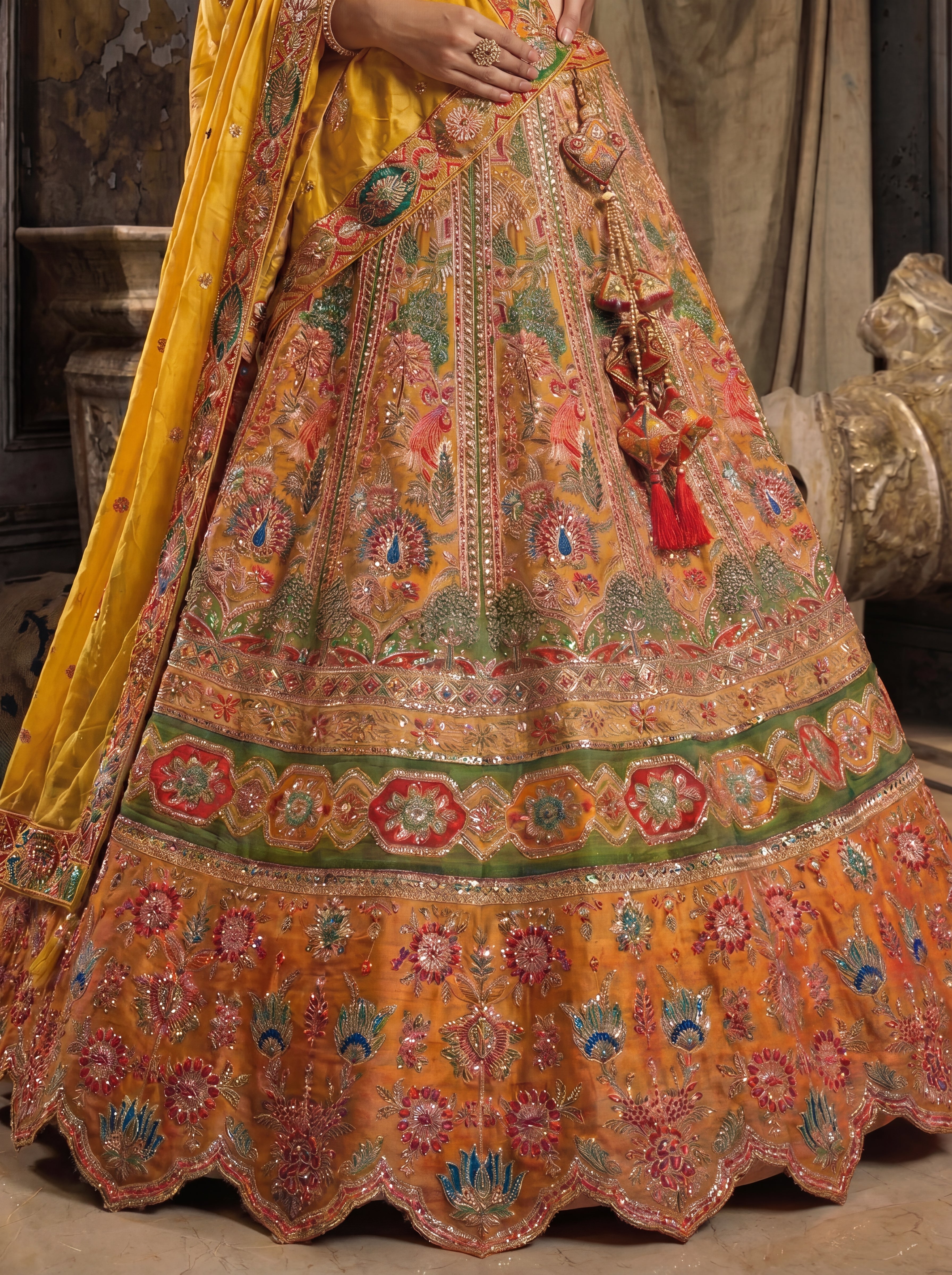 Mustard Gold Viscose Sequins Mirror Bridal Lehenga Choli Set