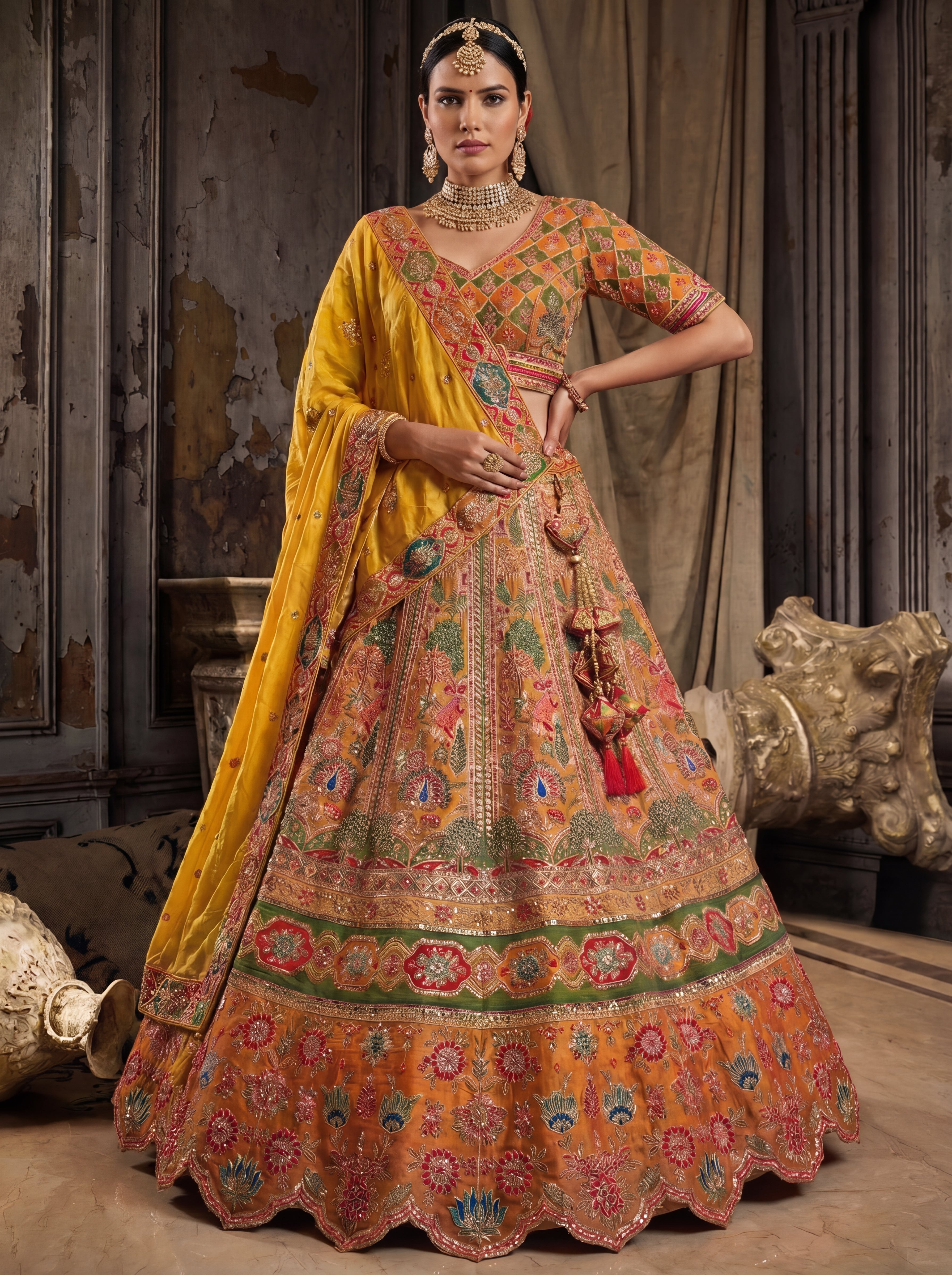 Mustard Gold Viscose Sequins Mirror Bridal Lehenga Choli Set