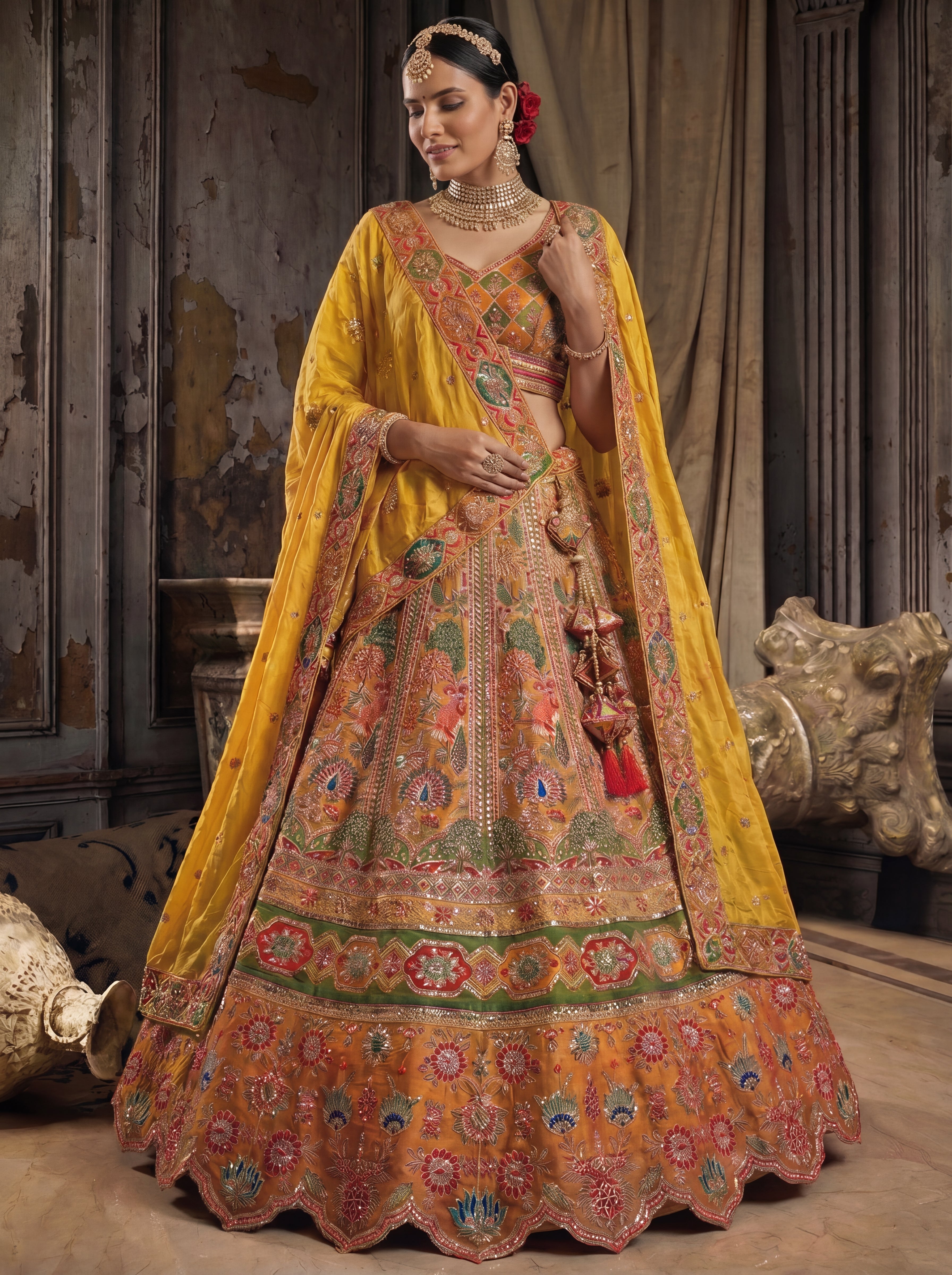 Mustard Gold Viscose Sequins Mirror Bridal Lehenga Choli Set