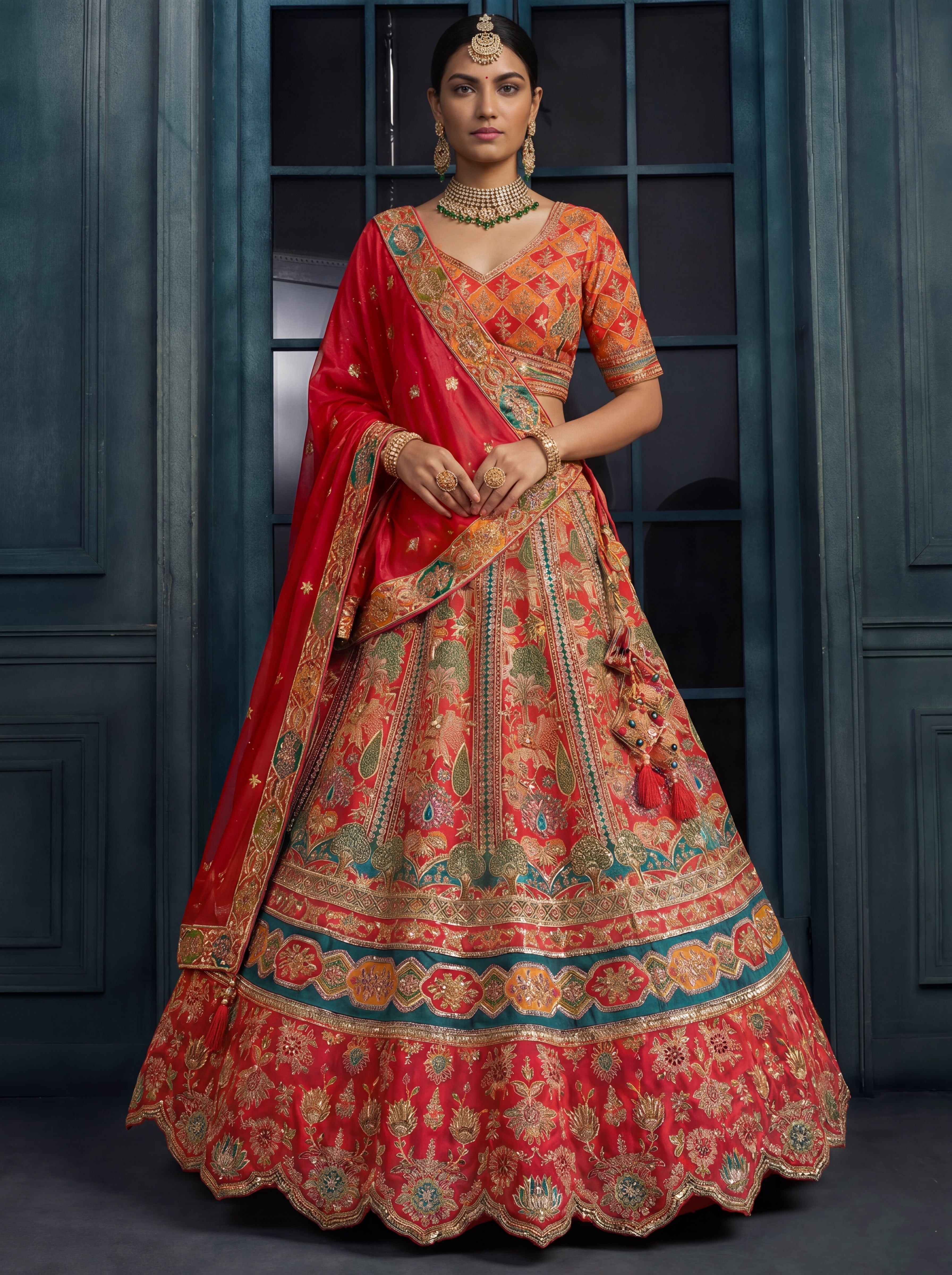 Crimson Red Viscose Sequins Mirror Bridal Lehenga Choli Set