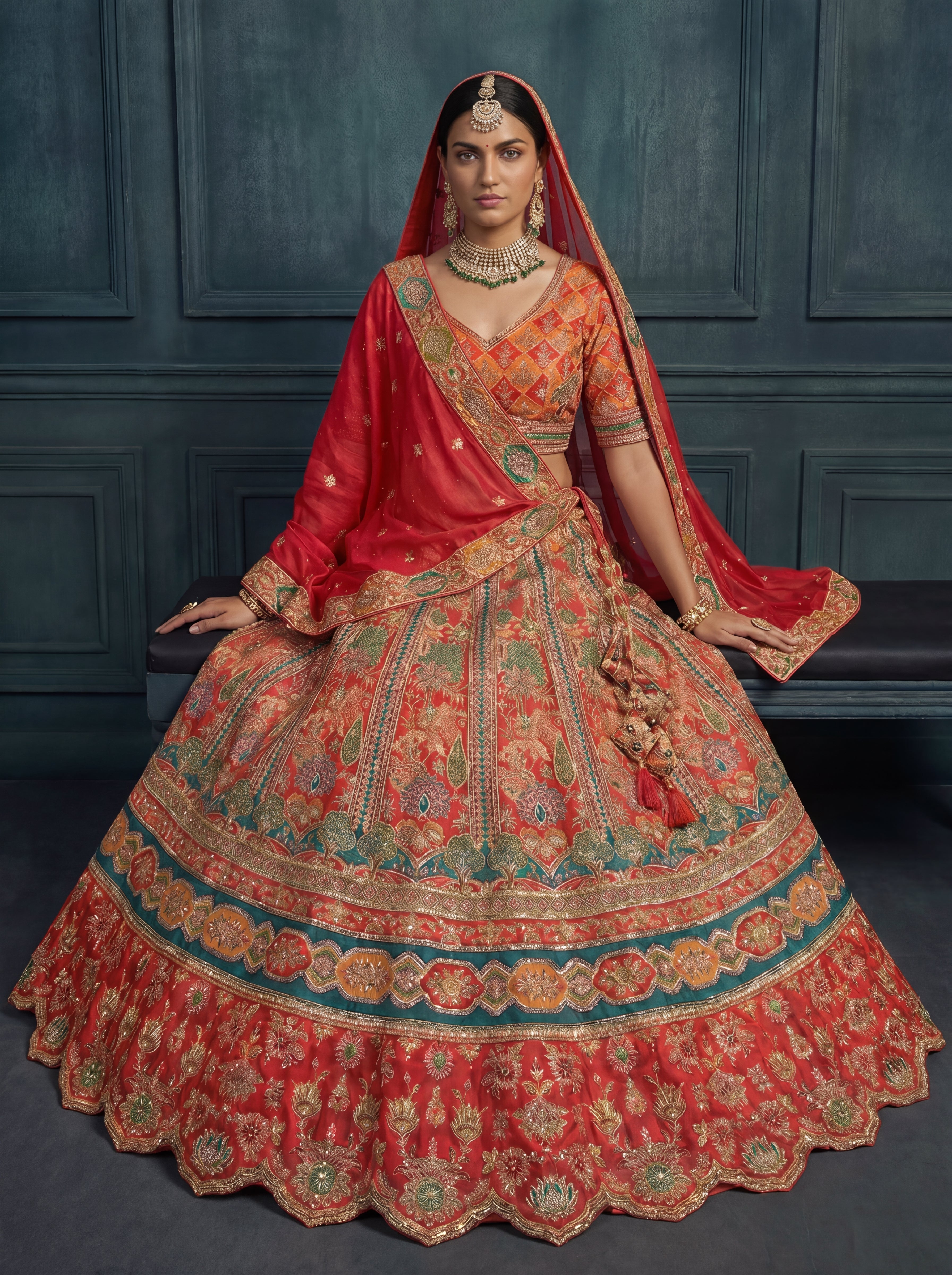 Crimson Red Viscose Sequins Mirror Bridal Lehenga Choli Set
