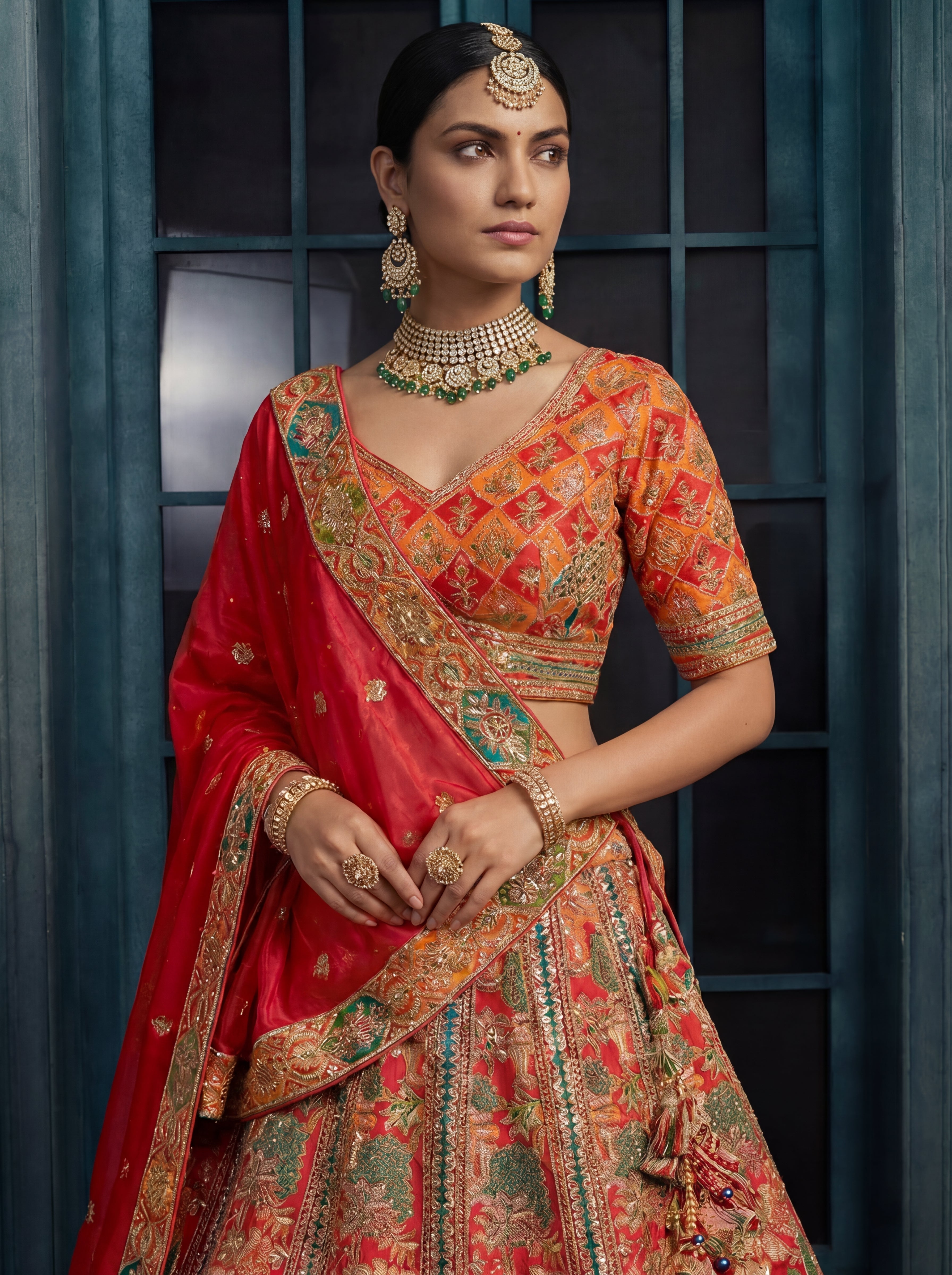 Crimson Red Viscose Sequins Mirror Bridal Lehenga Choli Set